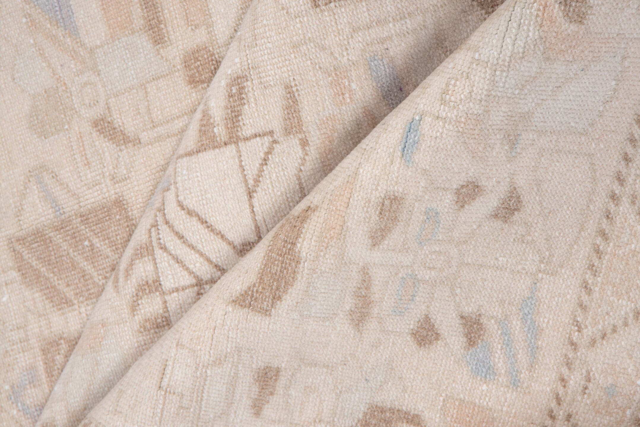 6' x 9' one-of-a-kind handmade vintage Oushak medium size rug. Color palette: ivory, blush, taupe, pale_blue, beige, sand