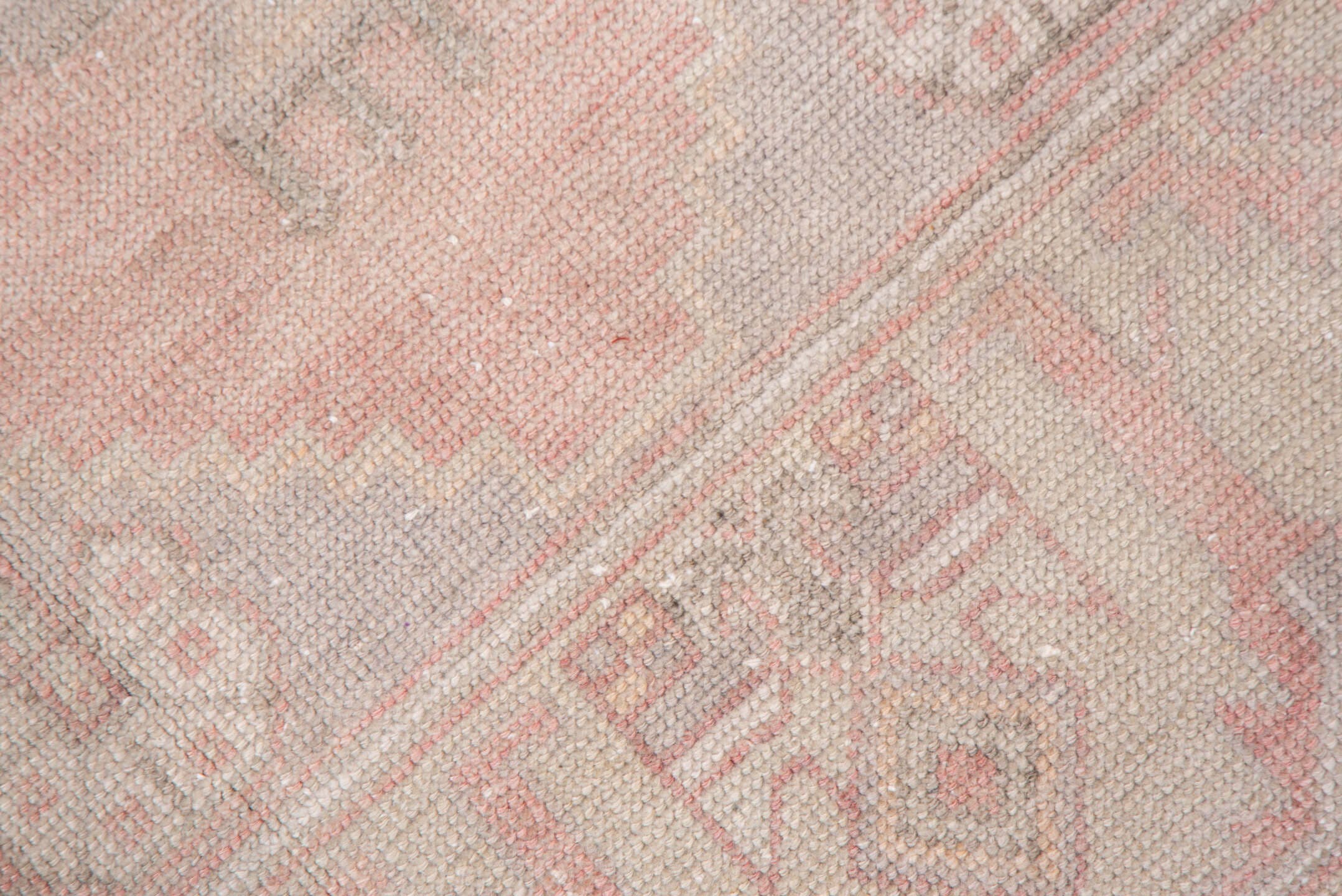3' x 5' one-of-a-kind handmade vintage Oushak small size rug. Color palette: blush, ivory, taupe, pale rose, beige, sand