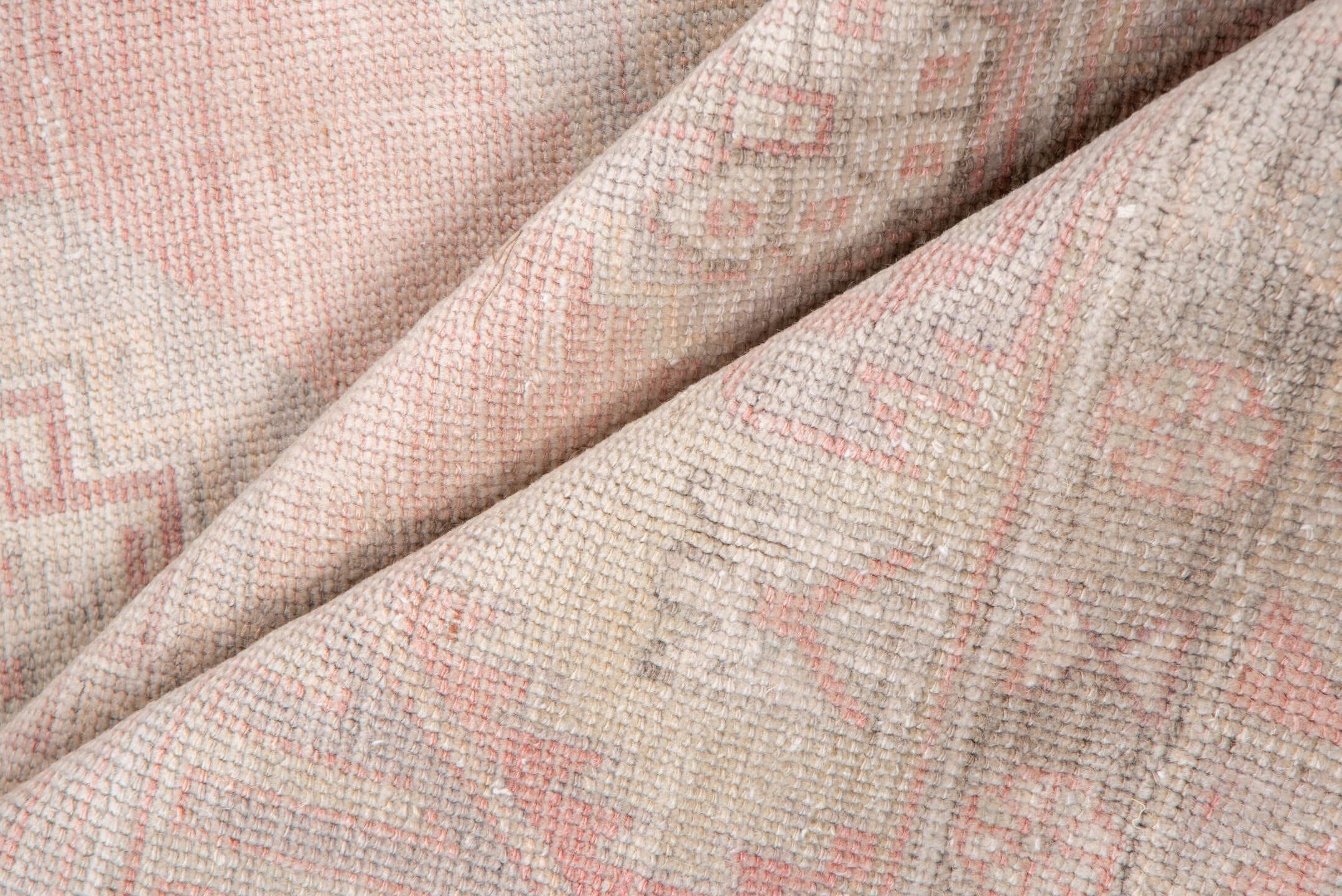 3' x 5' one-of-a-kind handmade vintage Oushak small size rug. Color palette: blush, ivory, taupe, pale rose, beige, sand