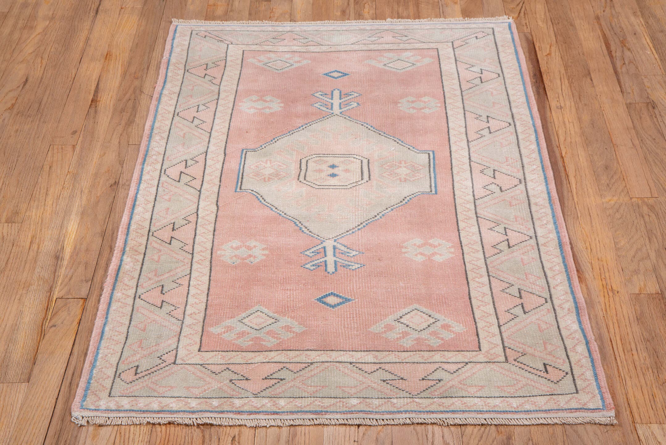 3' x 4' one-of-a-kind handmade vintage Oushak small size rug. Color palette: blush, ivory, pale blue, cream, taupe, pink