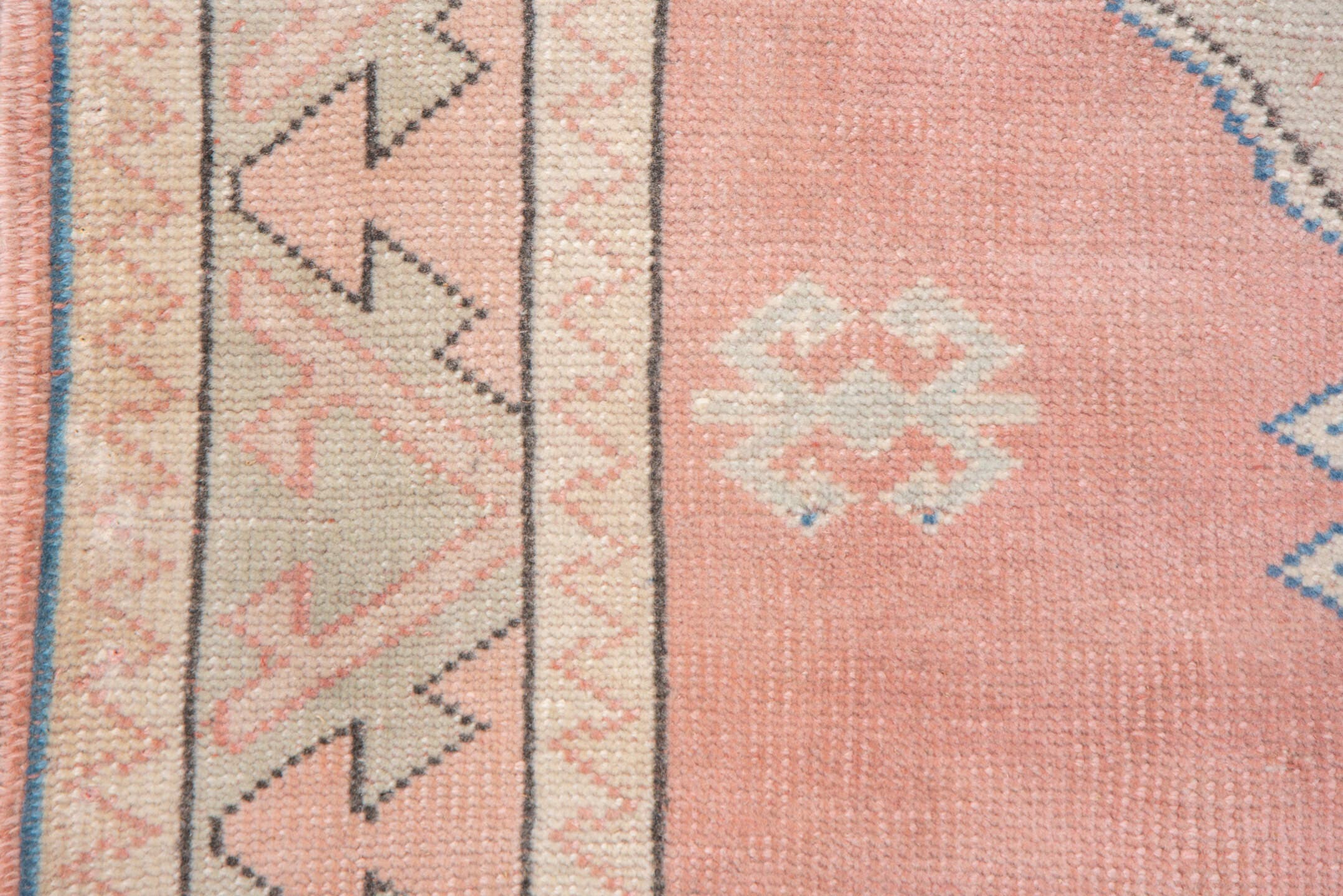 3' x 4' one-of-a-kind handmade vintage Oushak small size rug. Color palette: blush, ivory, pale blue, cream, taupe, pink