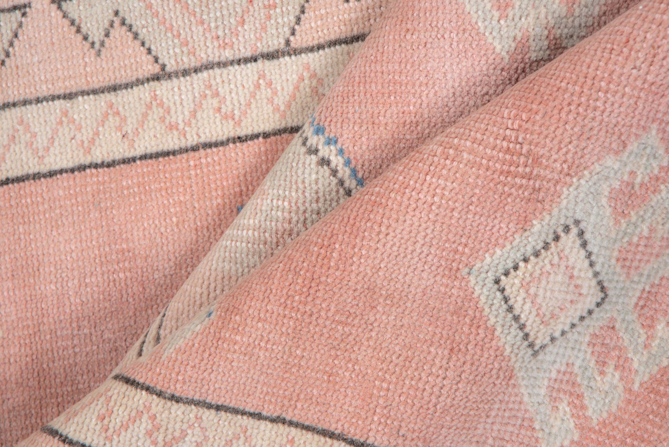 3' x 4' one-of-a-kind handmade vintage Oushak small size rug. Color palette: blush, ivory, pale blue, cream, taupe, pink