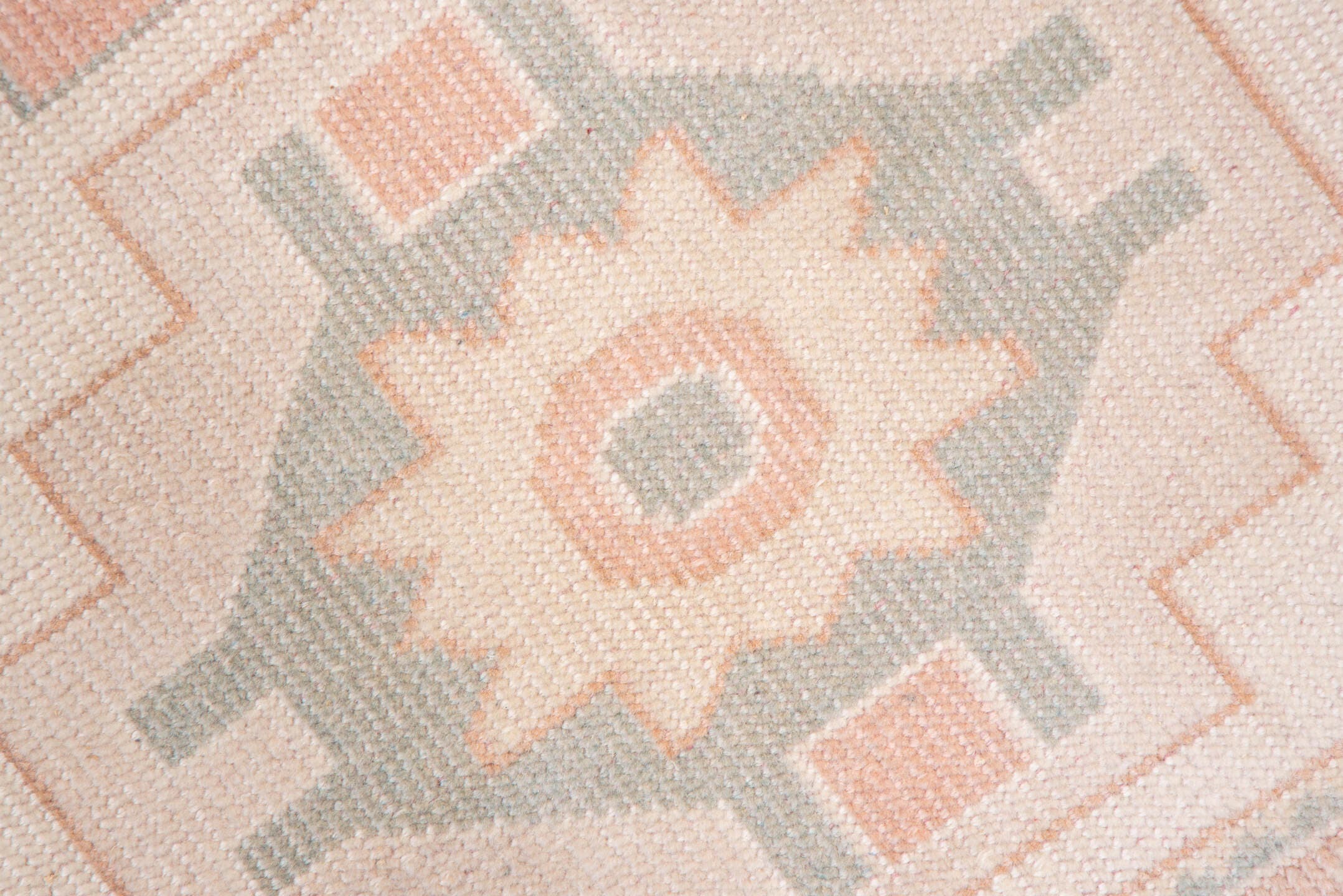2' x 4' one-of-a-kind handmade vintage Oushak small size rug. Color palette: ivory, blush, peach, sage, taupe, pink