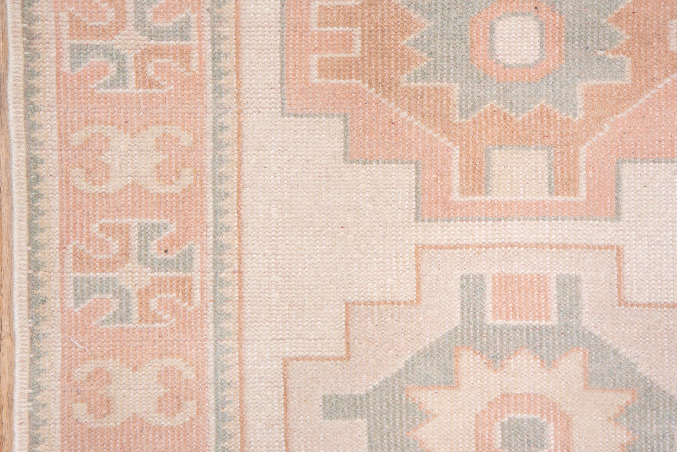 2' x 4' one-of-a-kind handmade vintage Oushak small size rug. Color palette: ivory, blush, peach, sage, taupe, pink