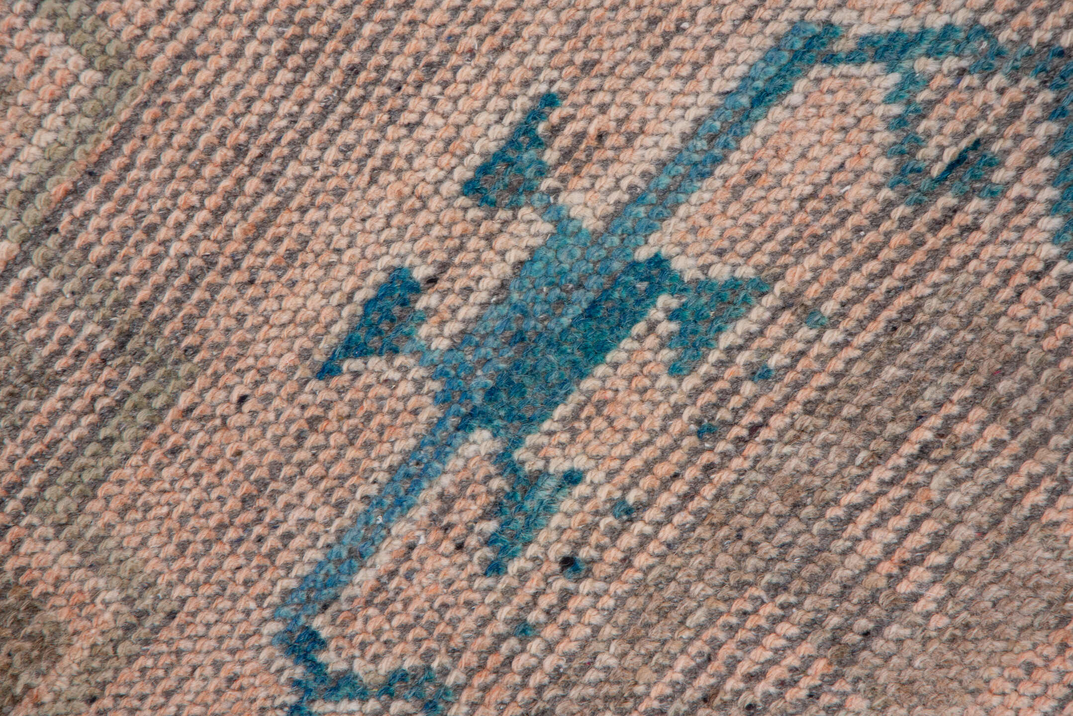 2' x 11' one-of-a-kind handmade vintage Oushak runner rug. Color palette: blush, taupe, teal, beige, ivory, camel, gray