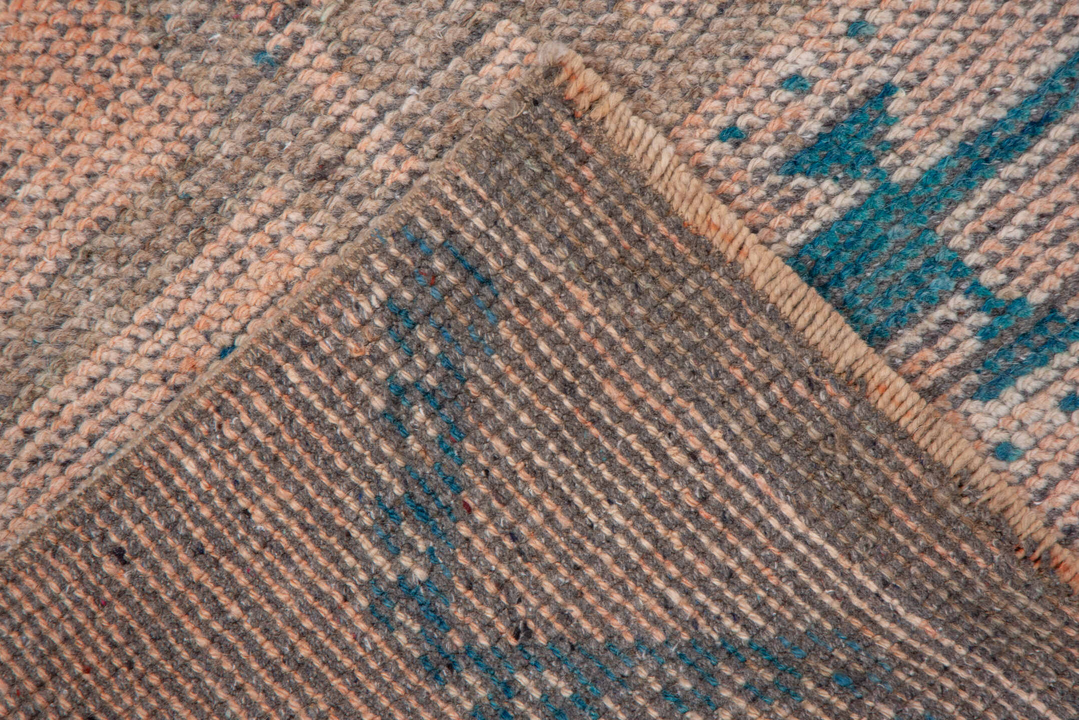 2' x 11' one-of-a-kind handmade vintage Oushak runner rug. Color palette: blush, taupe, teal, beige, ivory, camel, gray