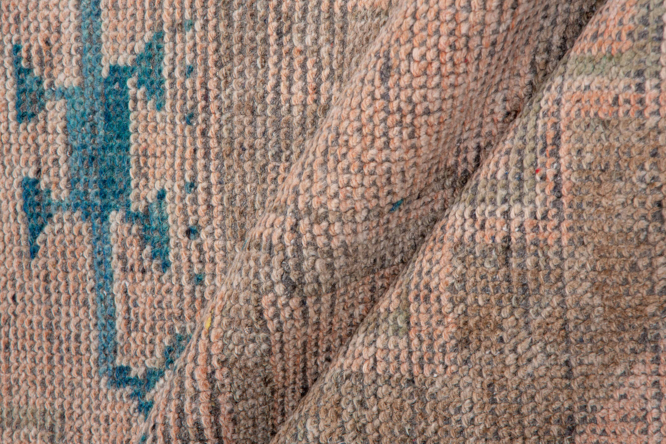 2' x 11' one-of-a-kind handmade vintage Oushak runner rug. Color palette: blush, taupe, teal, beige, ivory, camel, gray