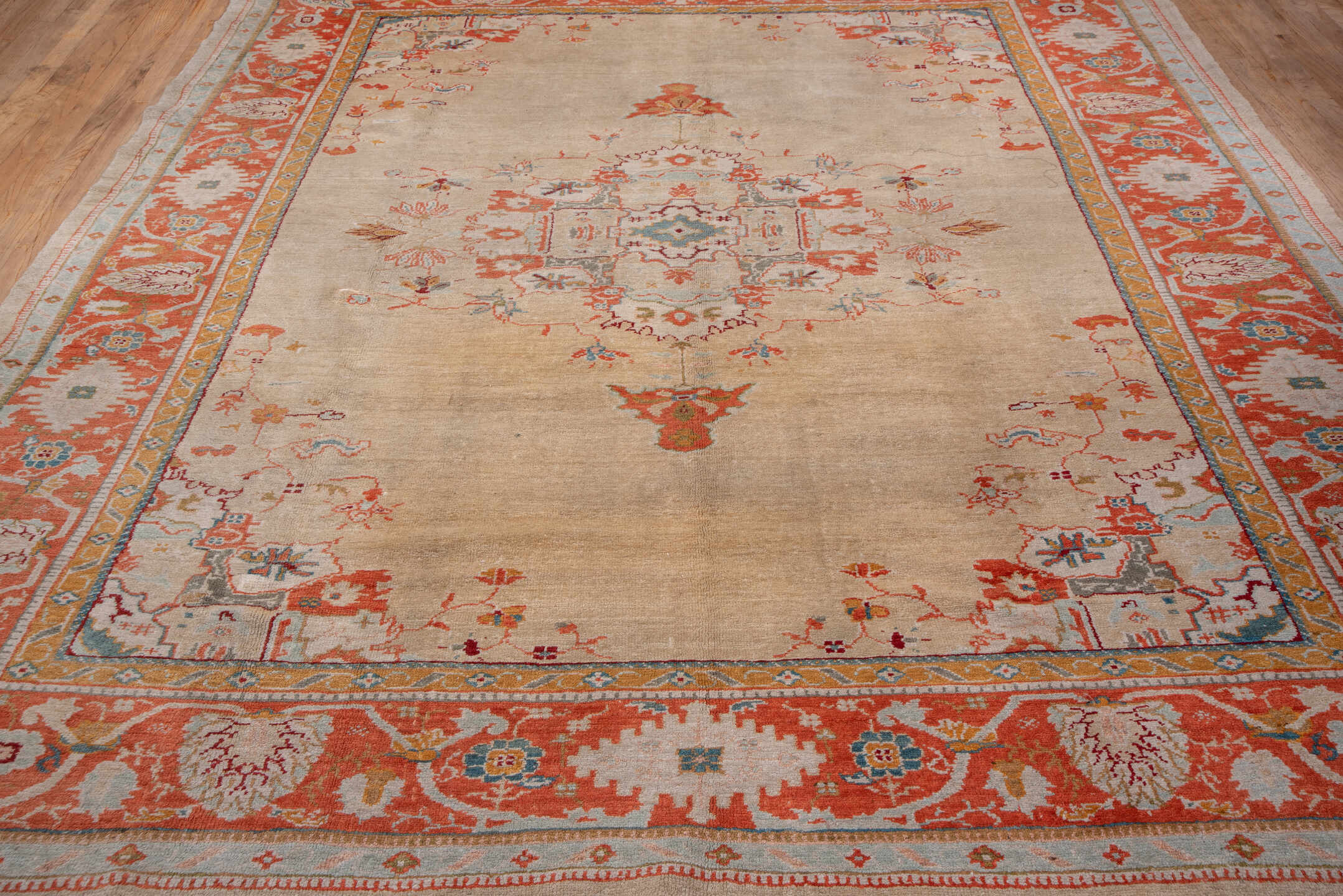 9' x 10' one-of-a-kind handmade vintage Oushak large size rug. Color palette: ivory, coral, beige, sky_blue, gold, taupe