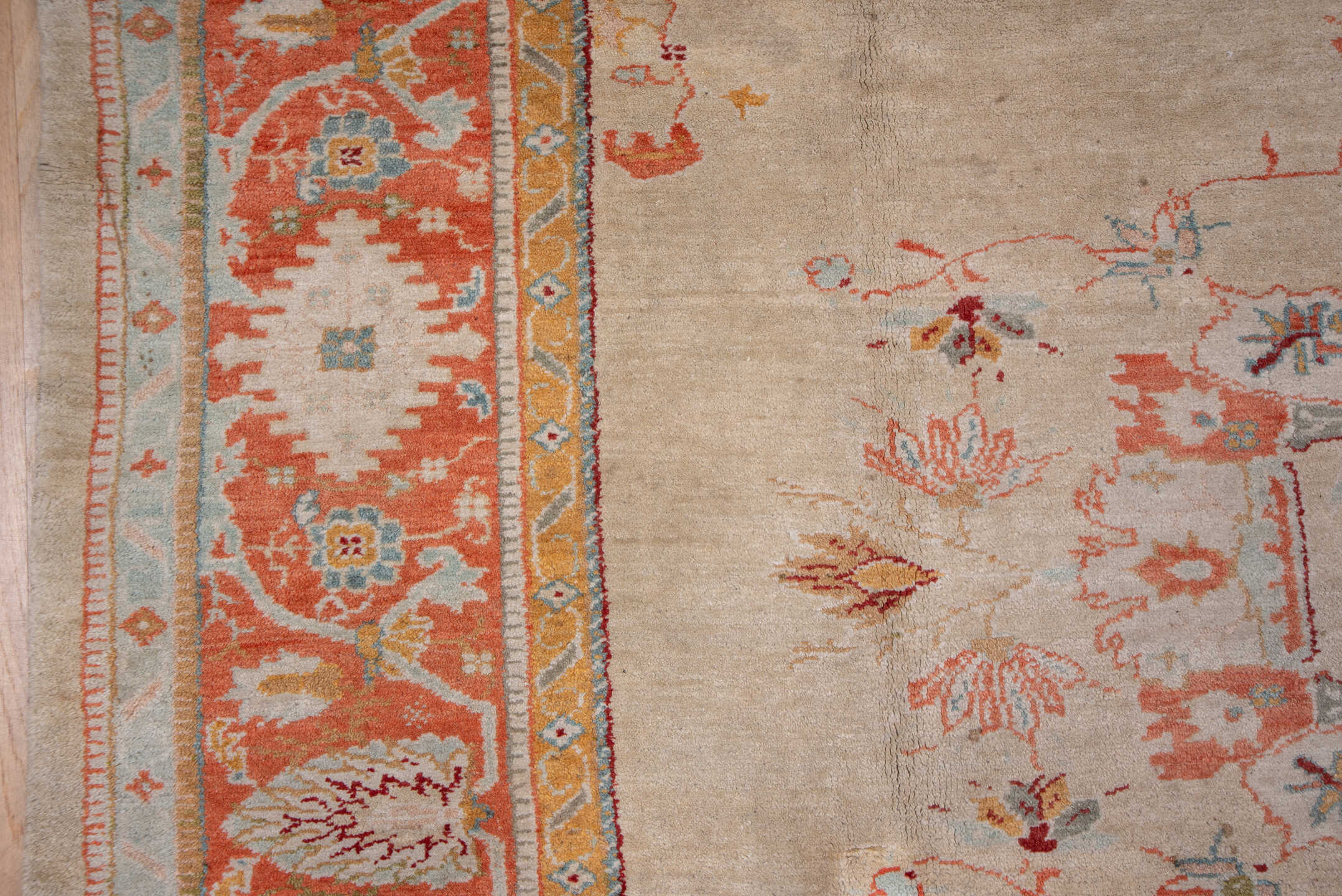 9' x 10' one-of-a-kind handmade vintage Oushak large size rug. Color palette: ivory, coral, beige, sky_blue, gold, taupe