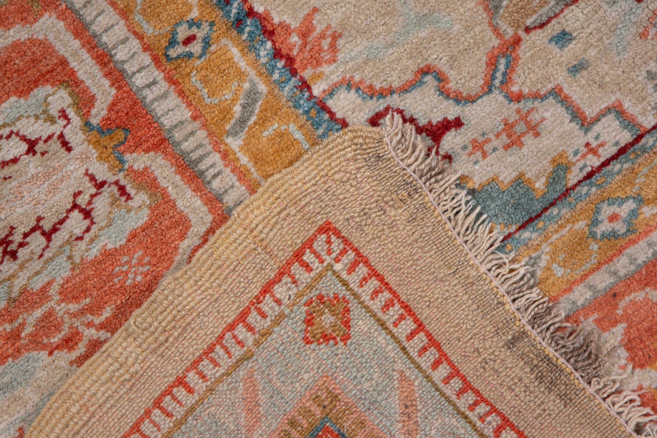9' x 10' one-of-a-kind handmade vintage Oushak large size rug. Color palette: ivory, coral, beige, sky_blue, gold, taupe