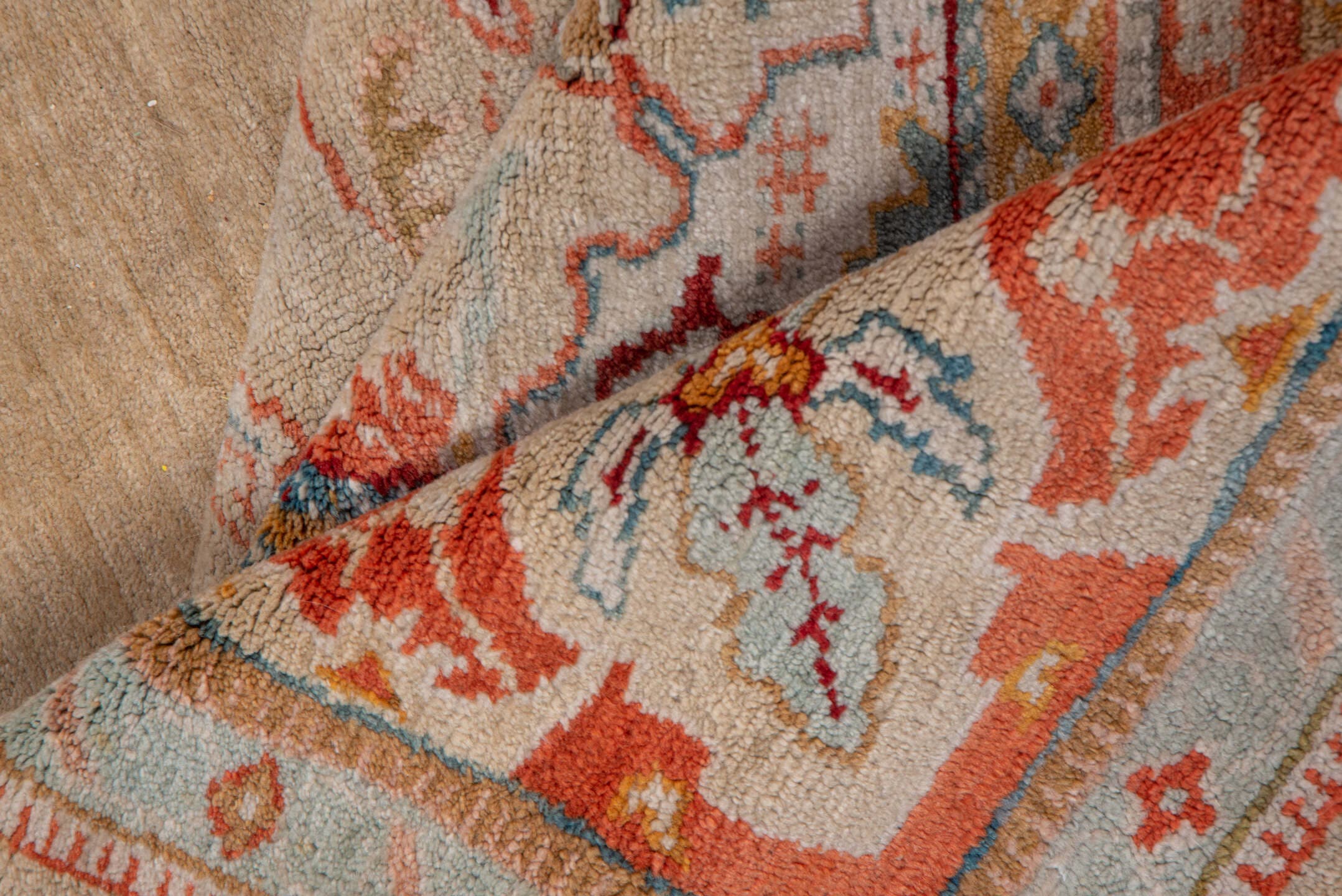 9' x 10' one-of-a-kind handmade vintage Oushak large size rug. Color palette: ivory, coral, beige, sky_blue, gold, taupe