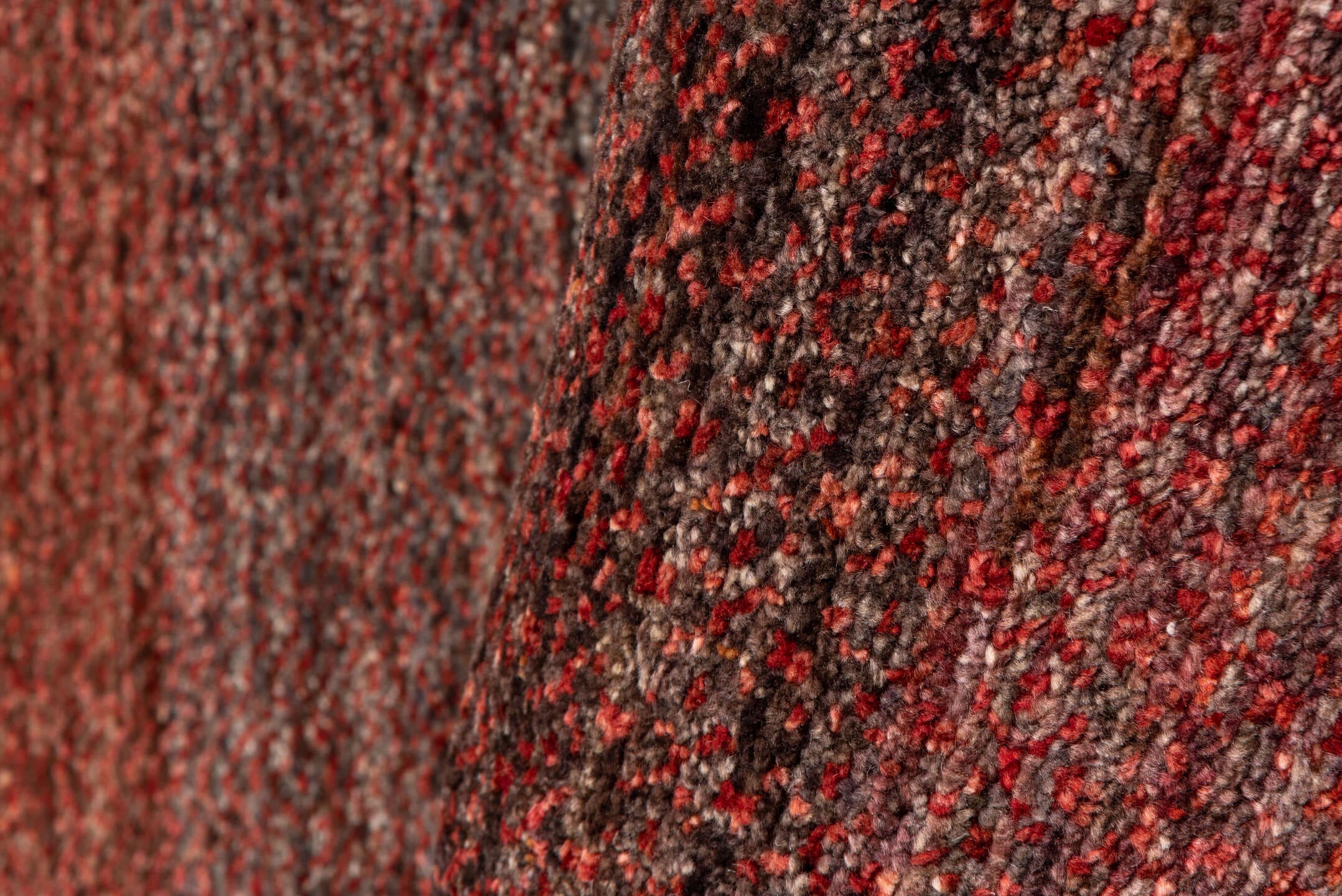 2' x 10' one-of-a-kind handmade vintage Gabbe runner rug. Color palette: rust, brown, taupe, brick, charcoal, terra cotta