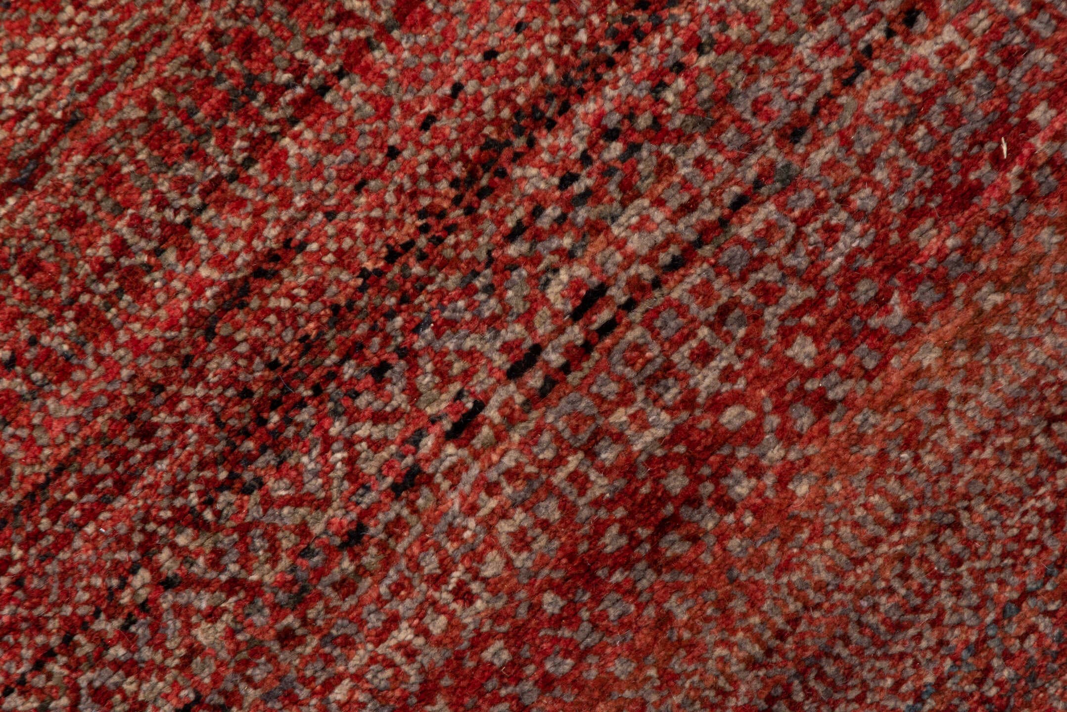 2' x 10' one-of-a-kind handmade vintage Gabbe runner rug. Color palette: rust, brown, terra cotta, mahogany, taupe, charcoal