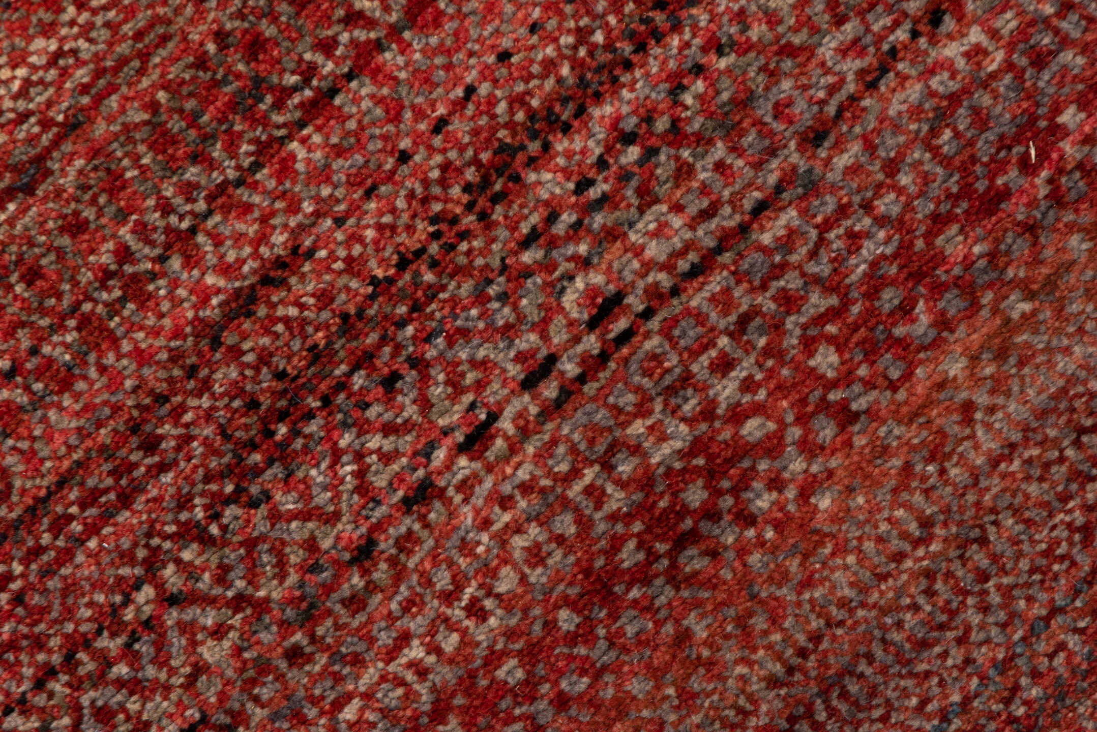 2' x 10' one-of-a-kind handmade vintage Gabbe runner rug. Color palette: brown, off-white, pink, red, redwood, snow, white