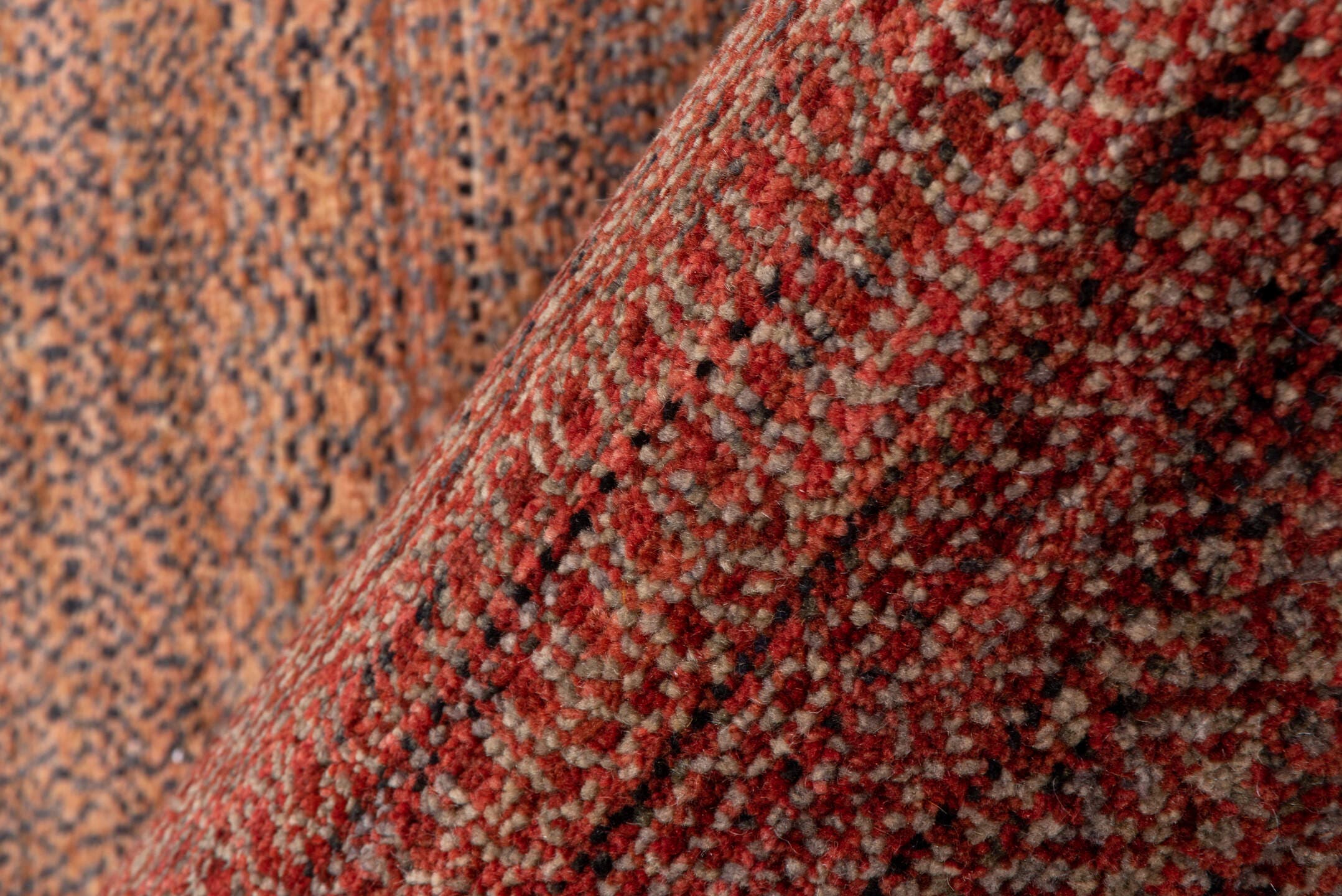 2' x 10' one-of-a-kind handmade vintage Gabbe runner rug. Color palette: rust, brown, terra cotta, mahogany, taupe, charcoal