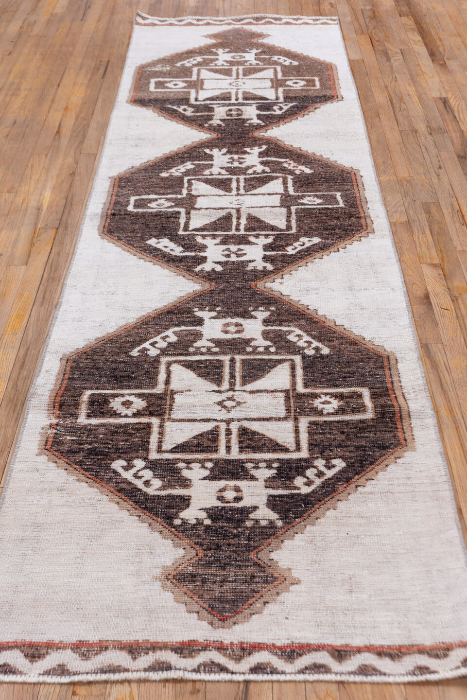 3' x 11' one-of-a-kind handmade vintage Oushak runner rug. Color palette: ivory, brown, taupe, rose, beige, gray, pink, red