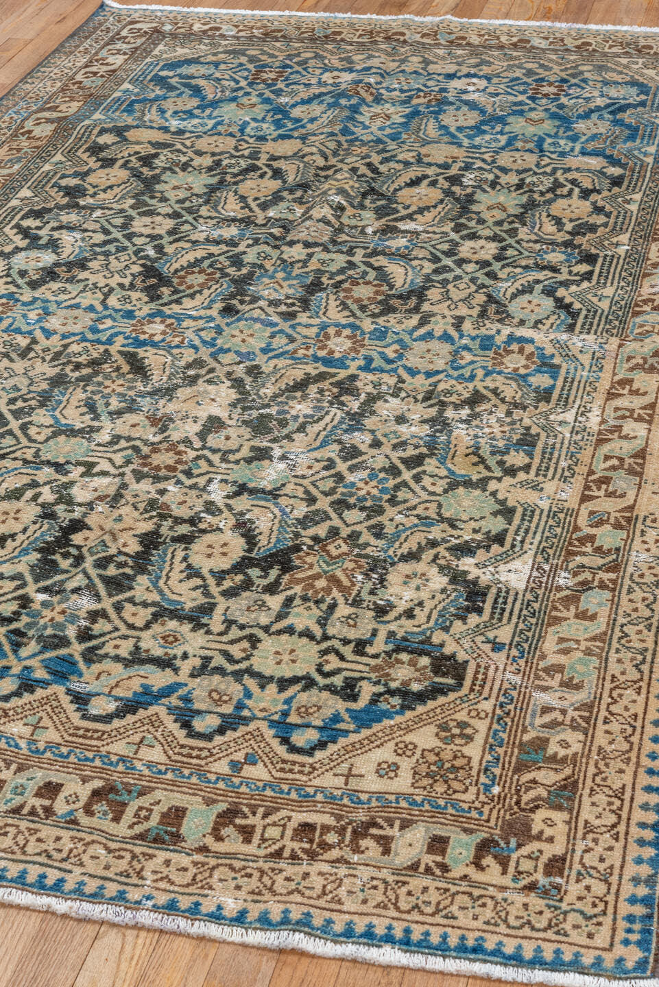 4' x 8' one-of-a-kind handmade vintage Malayer rug. Color palette: ivory, sky blue, charcoal, brown, taupe, cream