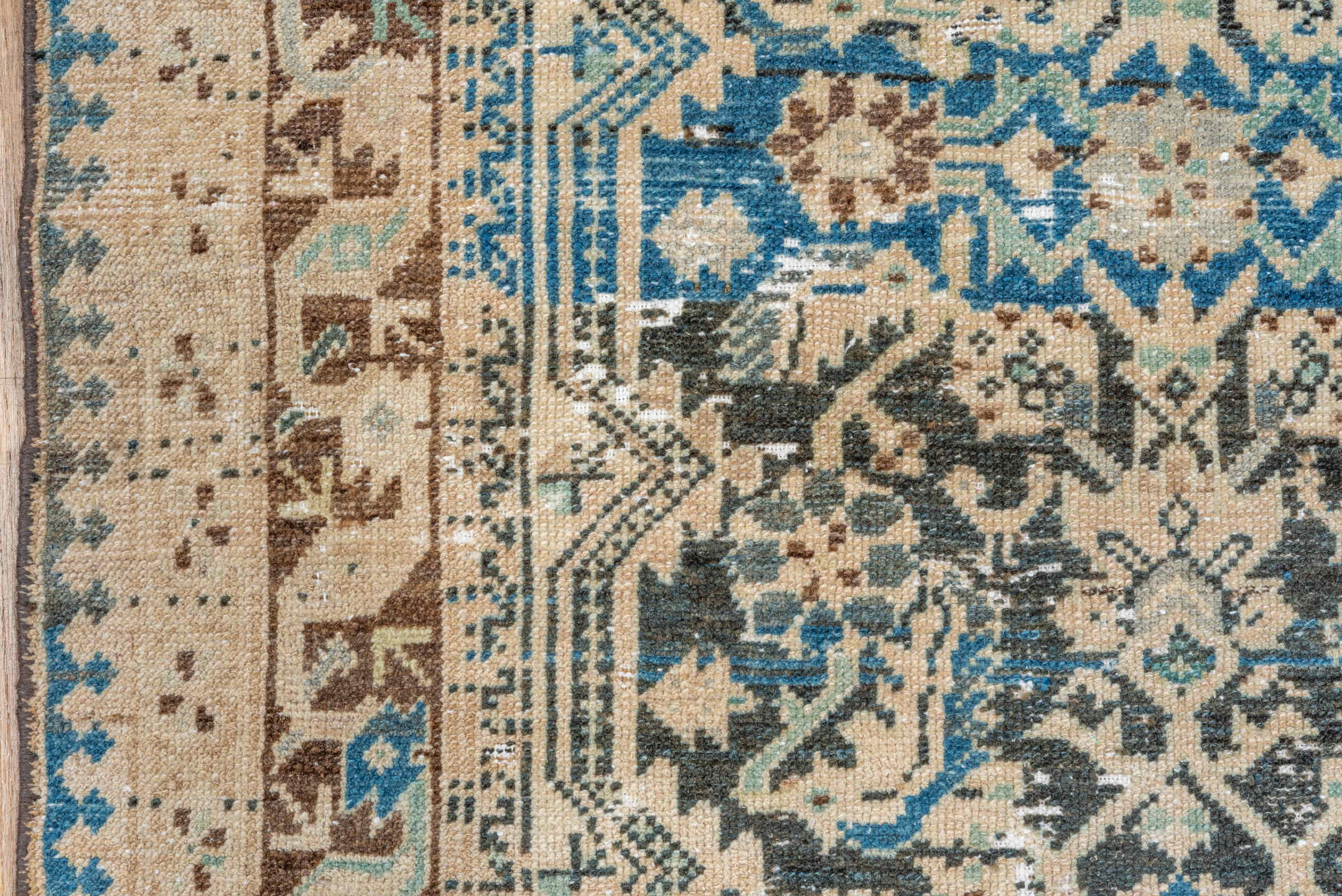 4' x 8' one-of-a-kind handmade vintage Malayer rug. Color palette: black, blue, brown, gray, light gray, off-white, orange