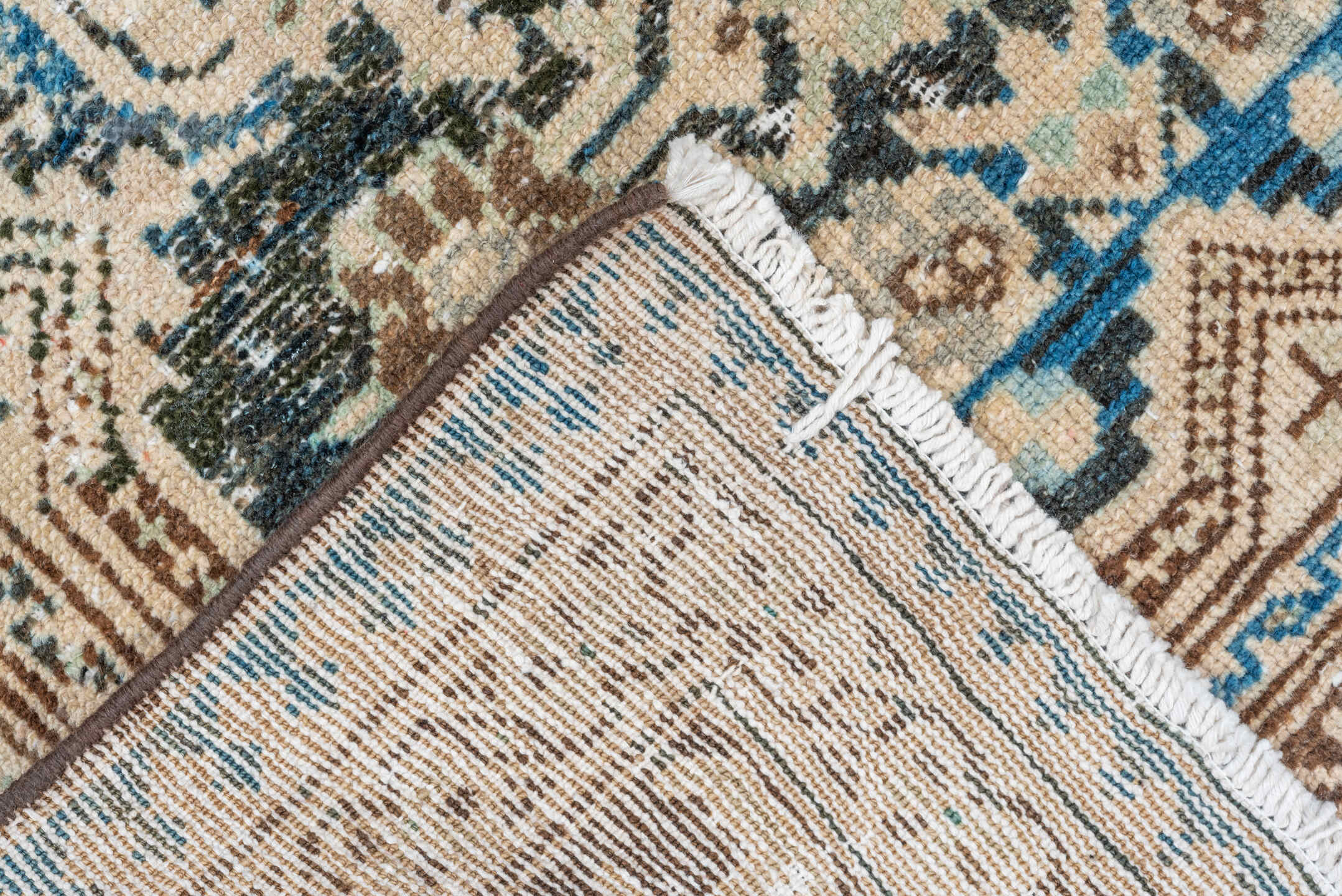 4' x 8' one-of-a-kind handmade vintage Malayer rug. Color palette: ivory, sky blue, charcoal, brown, taupe, cream