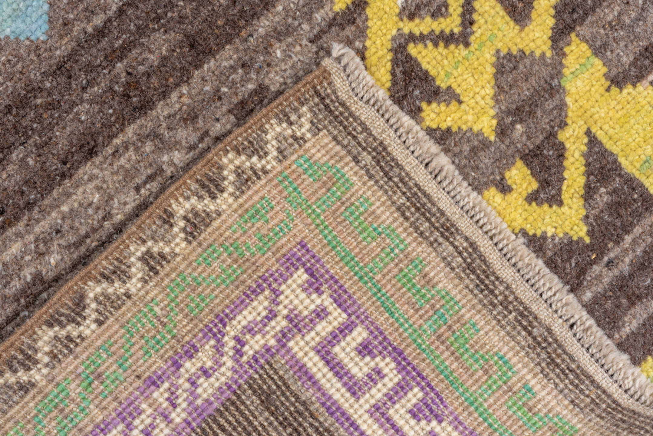 10' x 13' one-of-a-kind handmade vintage Kars large size rug. Color palette: blue, brown, gray, green, light blue