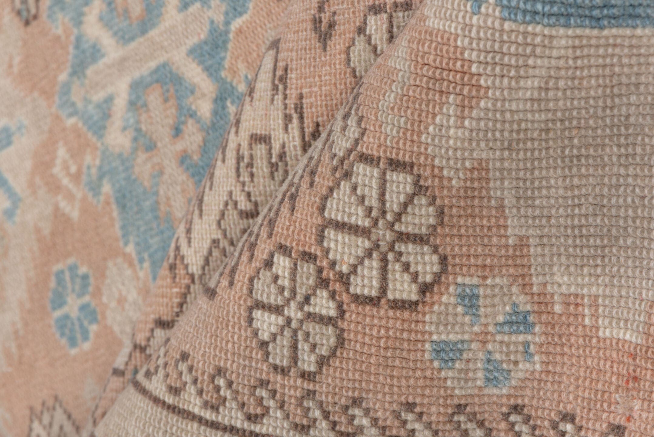 3' x 4' one-of-a-kind handmade vintage Oushak small size rug. Color palette: blush, ivory, pale blue, cream, taupe, camel