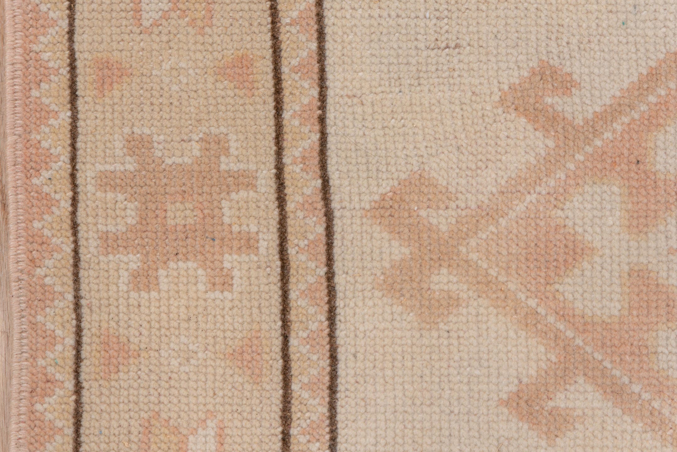 2' x 4' one-of-a-kind handmade vintage Oushak small size rug. Color palette: ivory, blush, peach, taupe, camel, pink