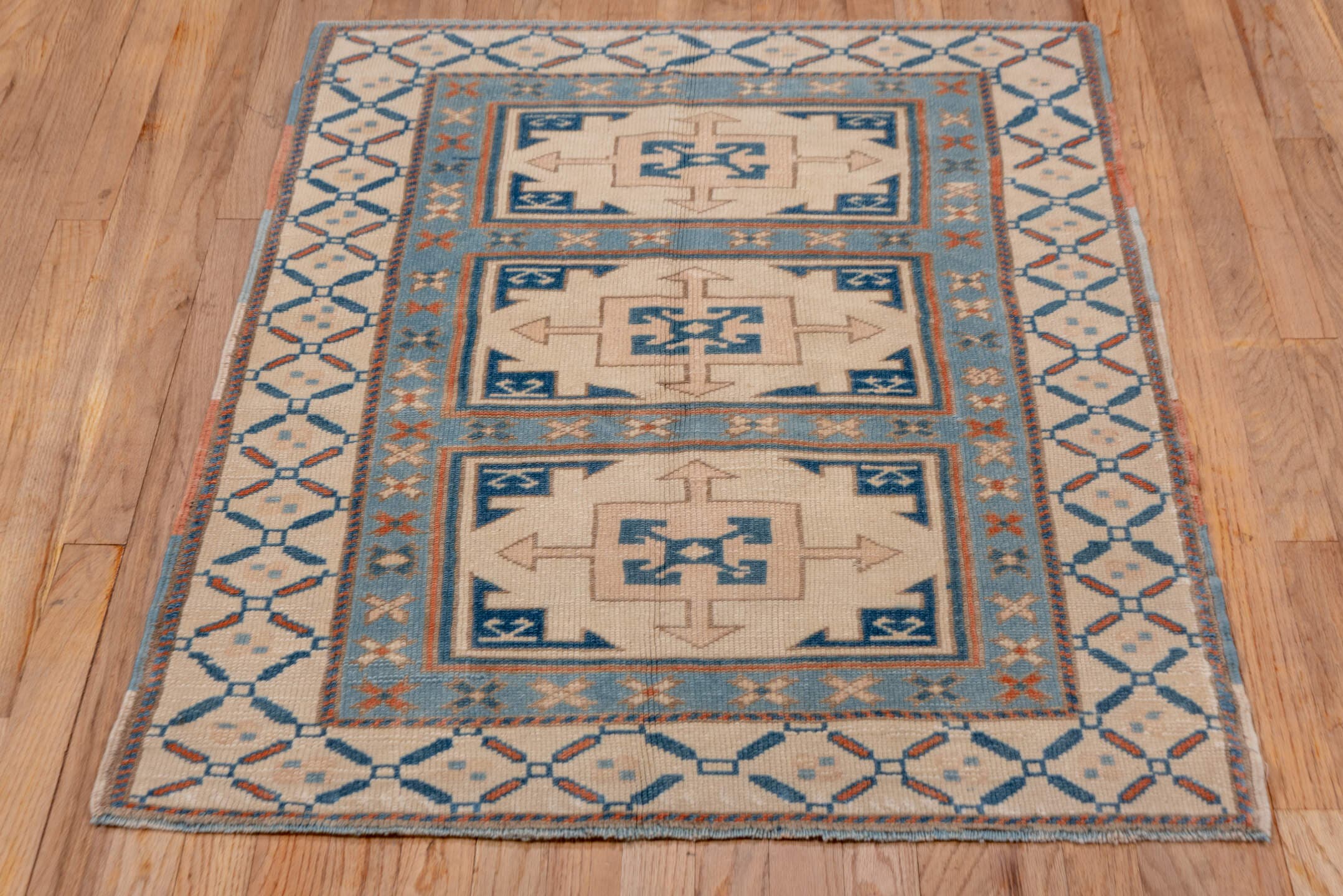 3' x 4' one-of-a-kind handmade vintage Oushak small size rug. Color palette: ivory, sky blue, terracotta, navy, beige