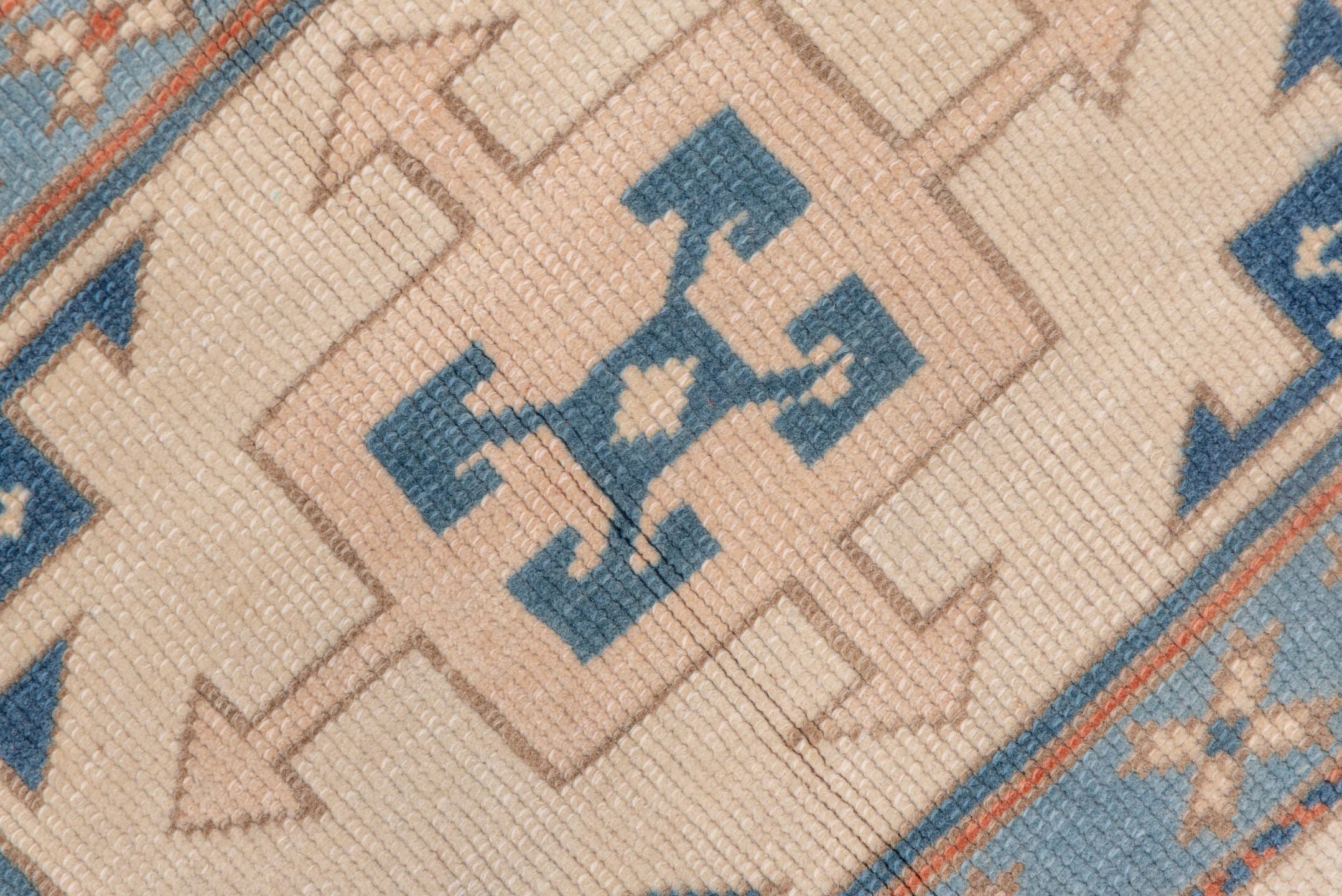3' x 4' one-of-a-kind handmade vintage Oushak small size rug. Color palette: ivory, sky blue, terracotta, navy, beige