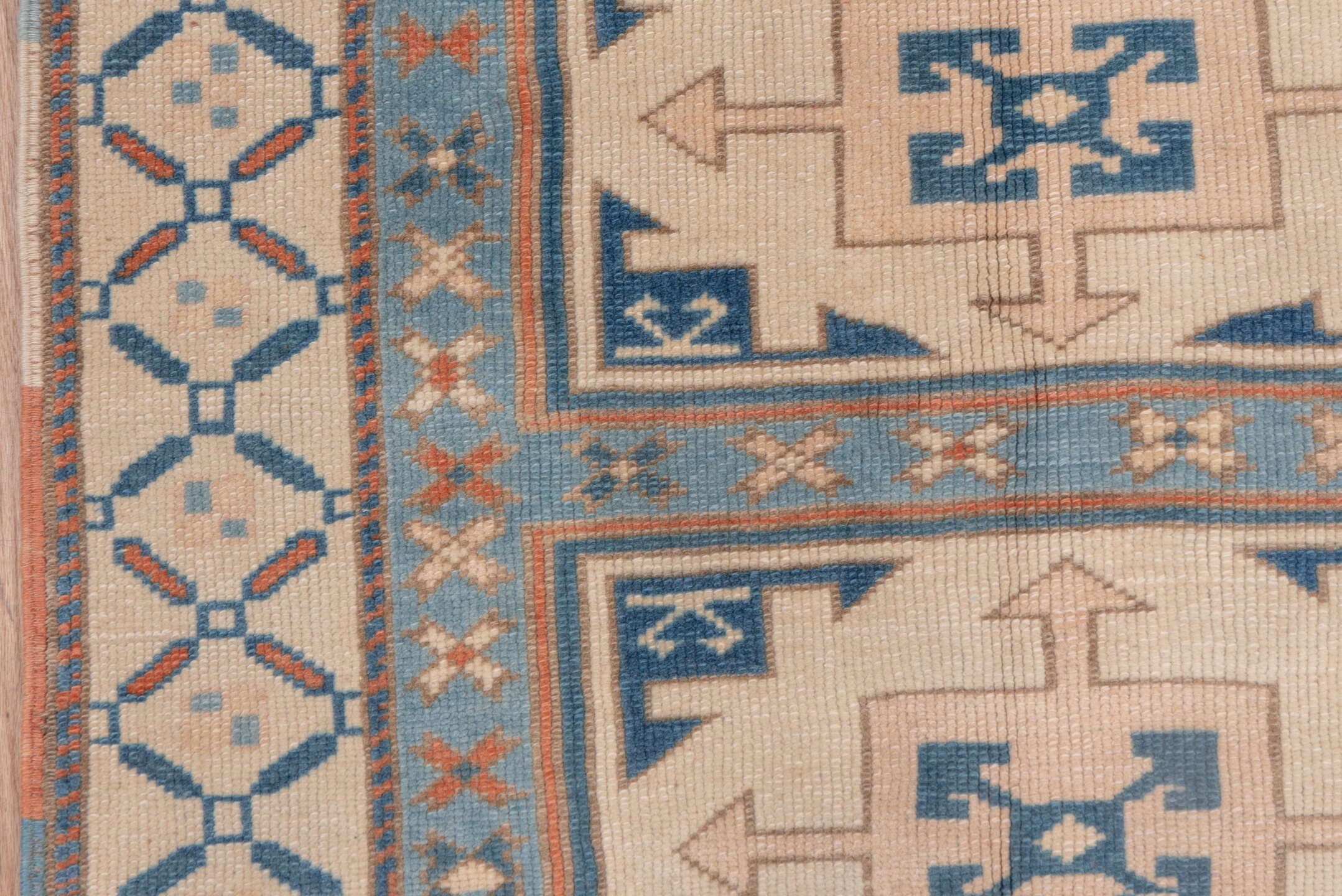 3' x 4' one-of-a-kind handmade vintage Oushak small size rug. Color palette: ivory, sky blue, terracotta, navy, beige