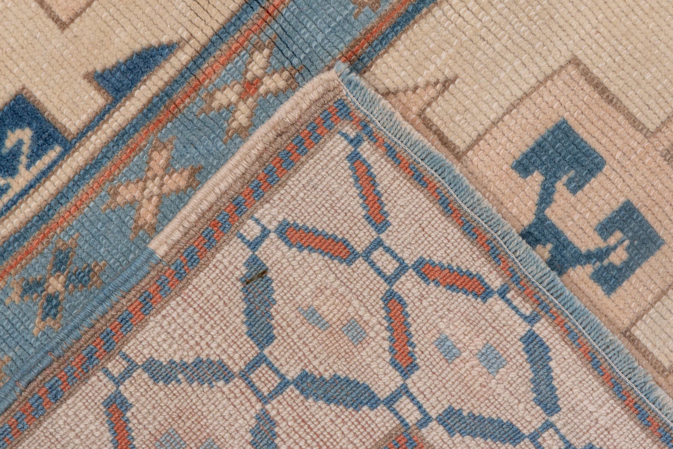 3' x 4' one-of-a-kind handmade vintage Oushak small size rug. Color palette: ivory, sky blue, terracotta, navy, beige