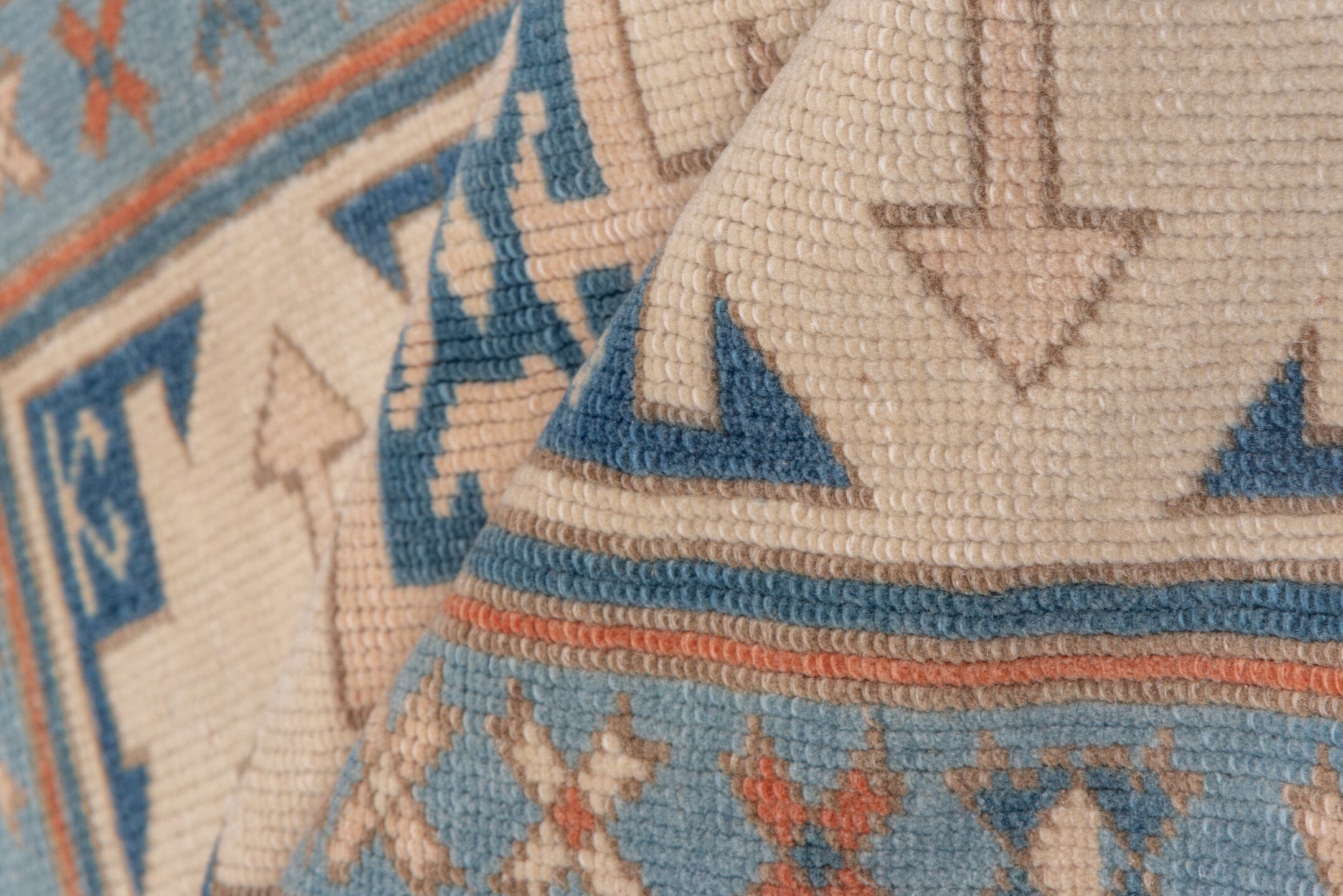 3' x 4' one-of-a-kind handmade vintage Oushak small size rug. Color palette: ivory, sky blue, terracotta, navy, beige