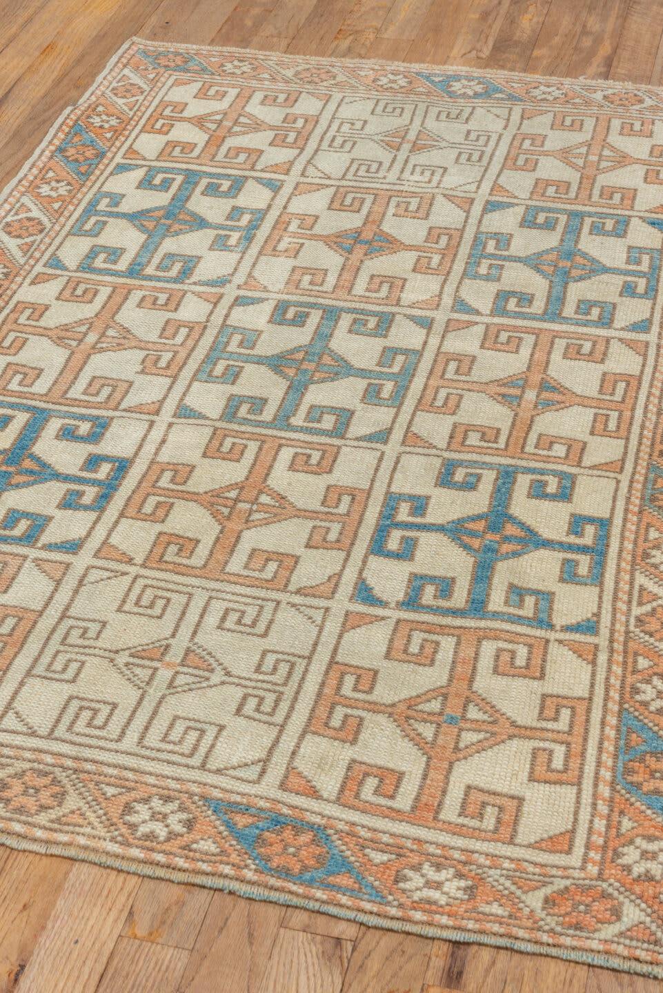 3' x 4' one-of-a-kind handmade vintage Oushak small size rug. Color palette: ivory, terra cotta, camel, turquoise, beige