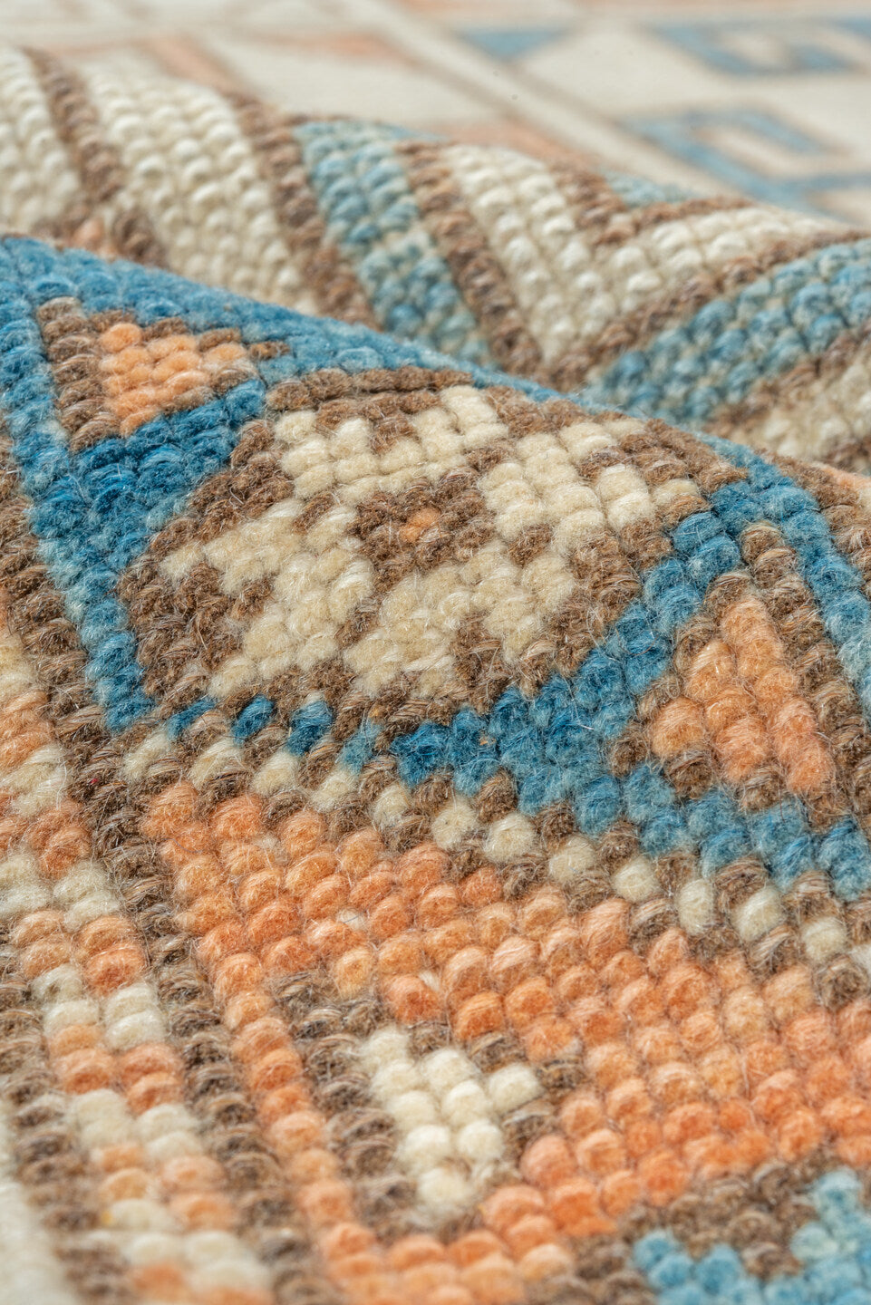 3' x 4' one-of-a-kind handmade vintage Oushak small size rug. Color palette: blue, brown, gray, light gray, off-white