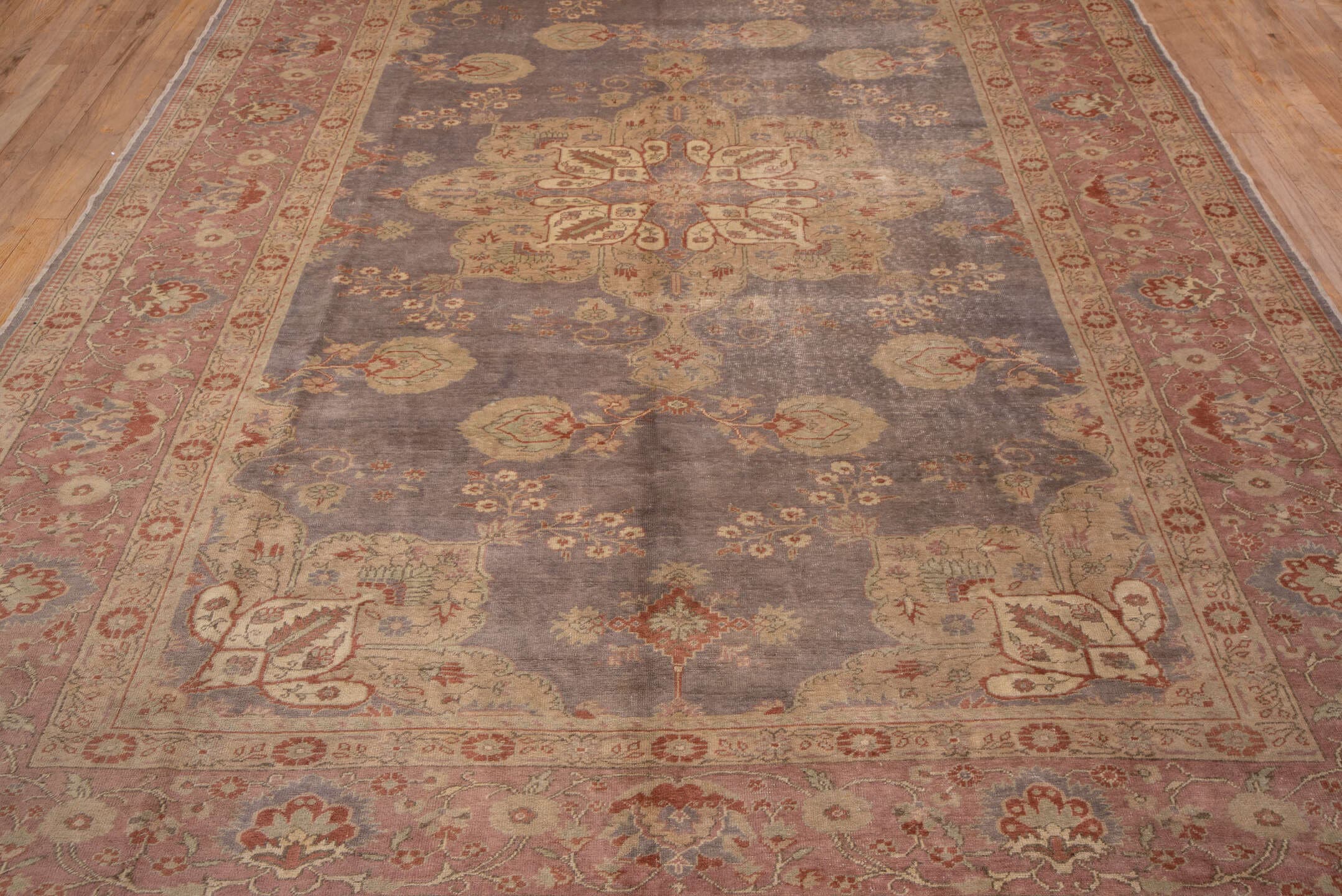 8' x 11' one-of-a-kind handmade vintage Oushak large size rug. Color palette: rose, lavender, ivory, taupe, terra cotta