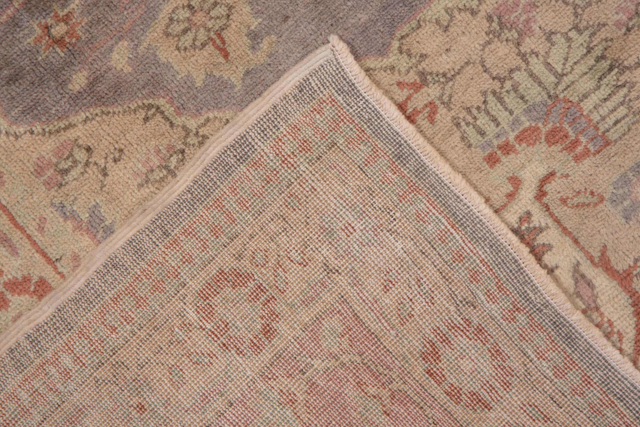 8' x 11' one-of-a-kind handmade vintage Oushak large size rug. Color palette: rose, lavender, ivory, taupe, terra cotta