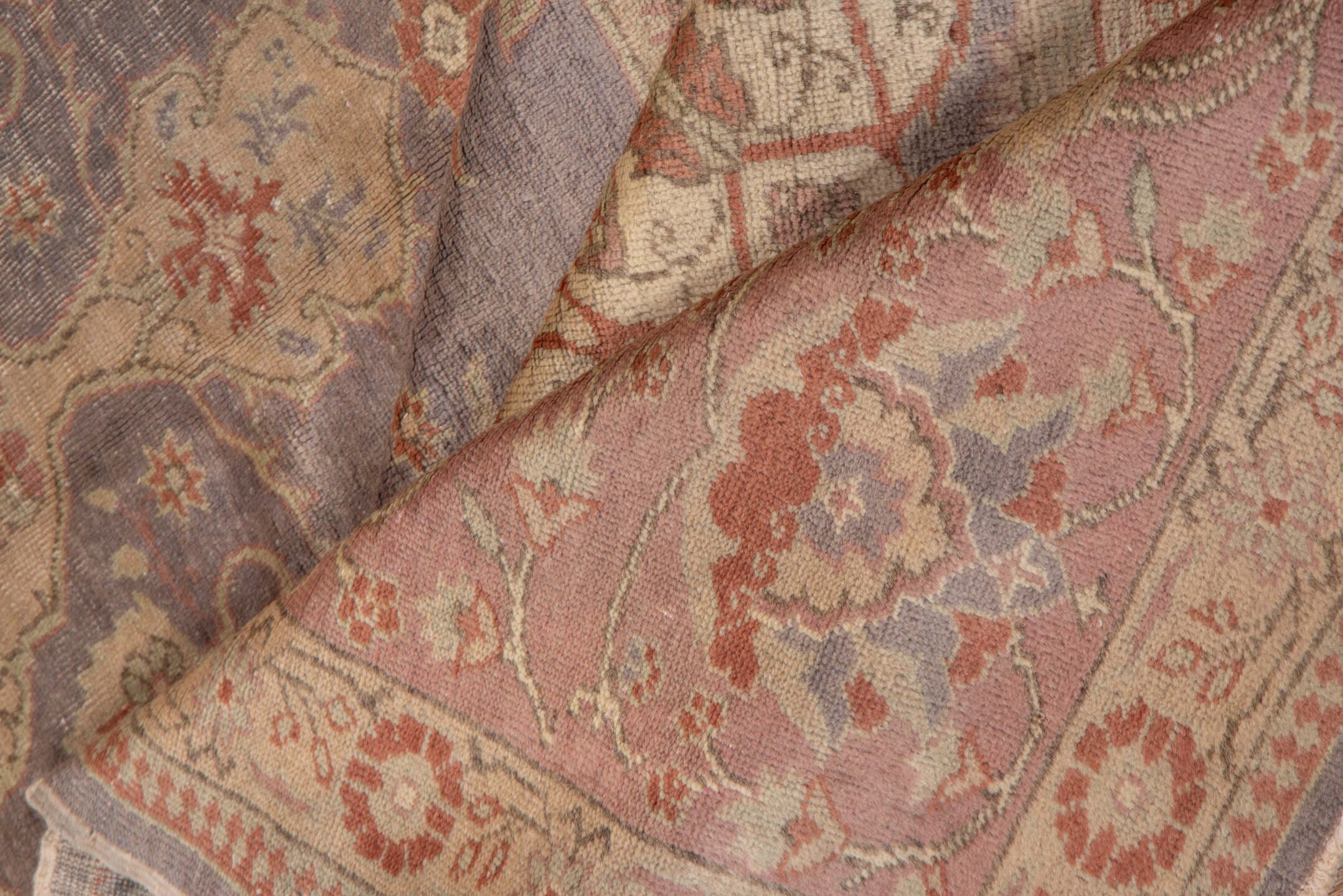 8' x 11' one-of-a-kind handmade vintage Oushak large size rug. Color palette: rose, lavender, ivory, taupe, terra cotta