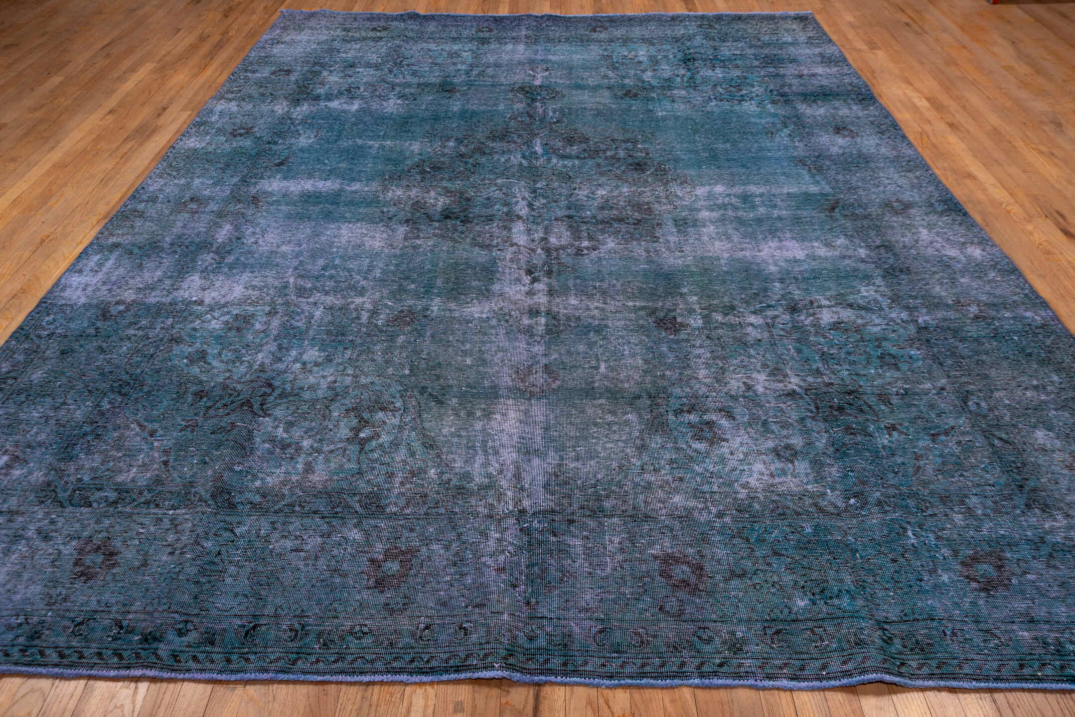 9' x 12' one-of-a-kind handmade vintage Overdyed large size rug. Color palette: blue, teal, slate, indigo, charcoal