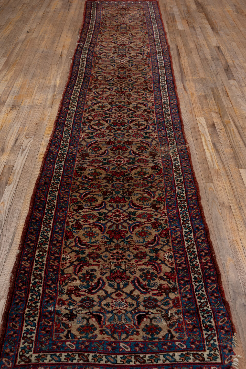 3' x 14' one-of-a-kind handmade vintage Sarab runner rug. Color palette: ivory, navy, rust, crimson, sky_blue, brown, blue