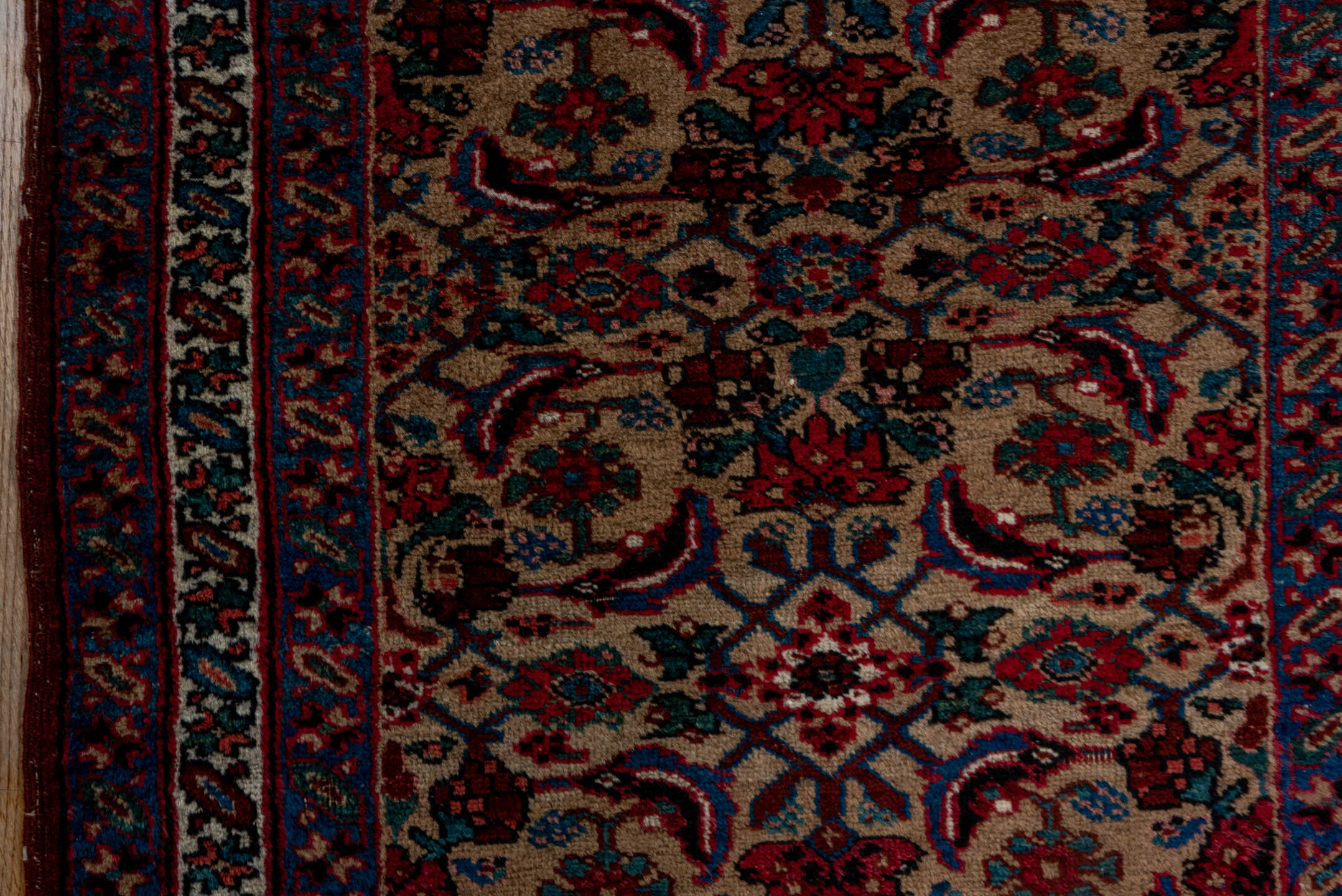 3' x 14' one-of-a-kind handmade vintage Sarab runner rug. Color palette: ivory, navy, rust, crimson, sky_blue, brown, blue