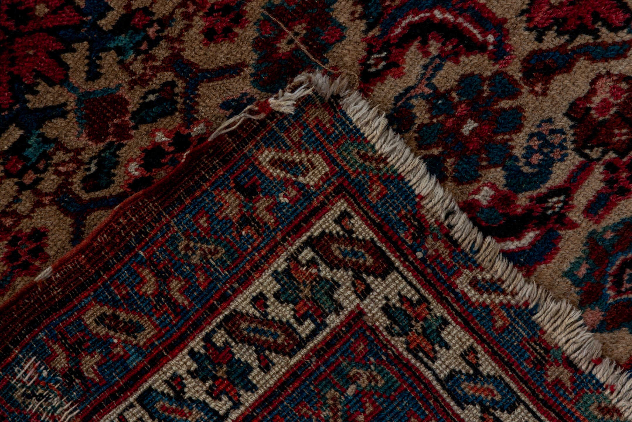 3' x 14' one-of-a-kind handmade vintage Sarab runner rug. Color palette: ivory, navy, rust, crimson, sky_blue, brown, blue