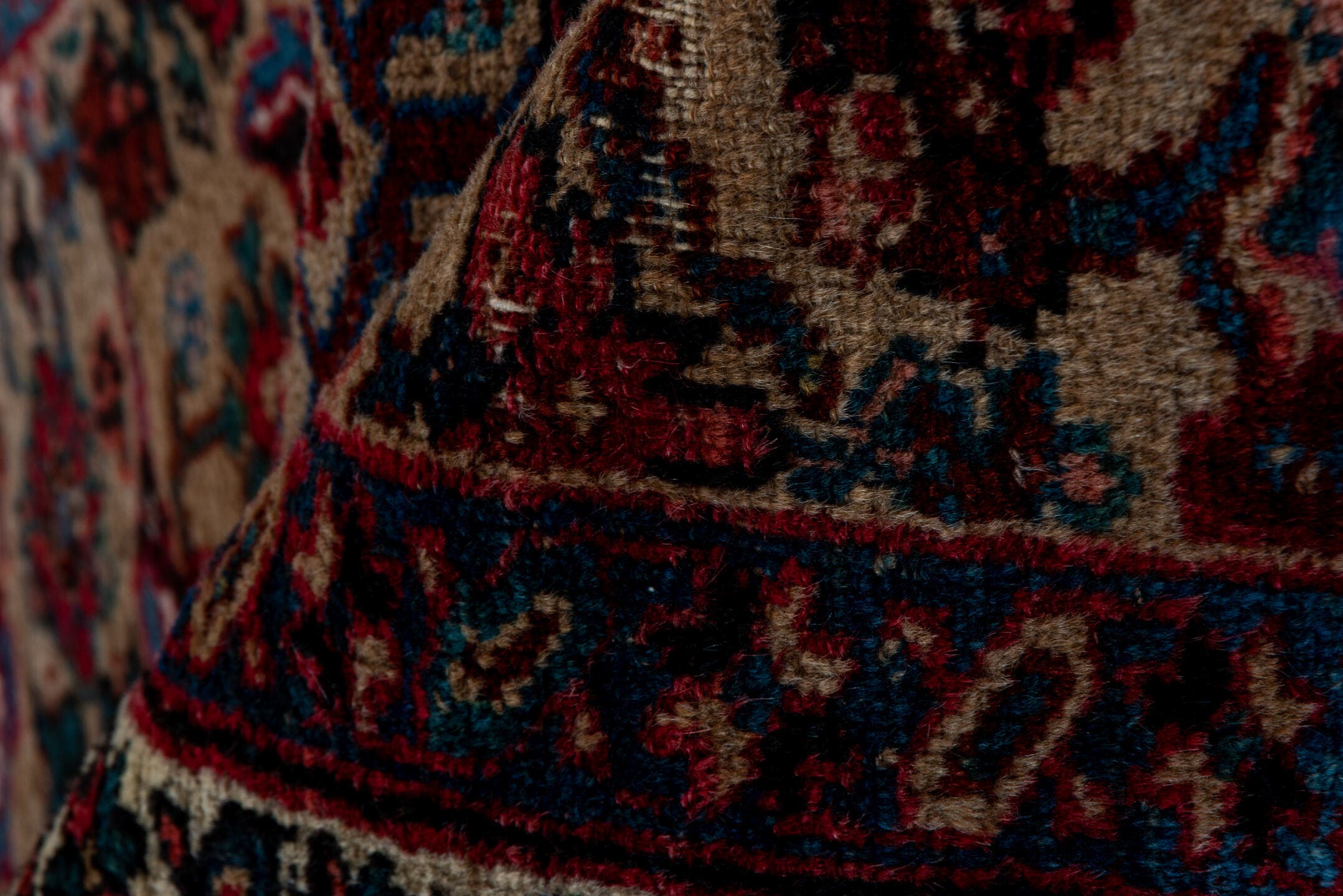 3' x 14' one-of-a-kind handmade vintage Sarab runner rug. Color palette: ivory, navy, rust, crimson, sky_blue, brown, blue