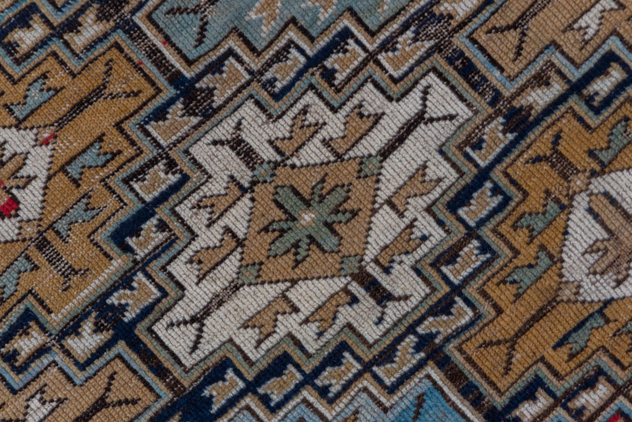3' x 6' one-of-a-kind handmade vintage Shirvan small size rug. Color palette: taupe, camel, ivory, sky blue, crimson, navy
