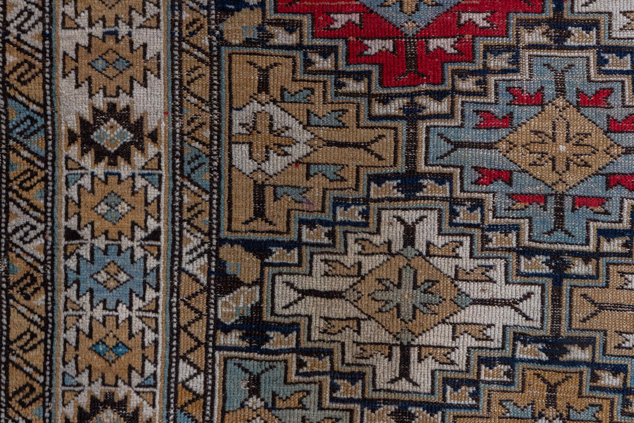 3' x 6' one-of-a-kind handmade vintage Shirvan small size rug. Color palette: taupe, camel, ivory, sky blue, crimson, navy