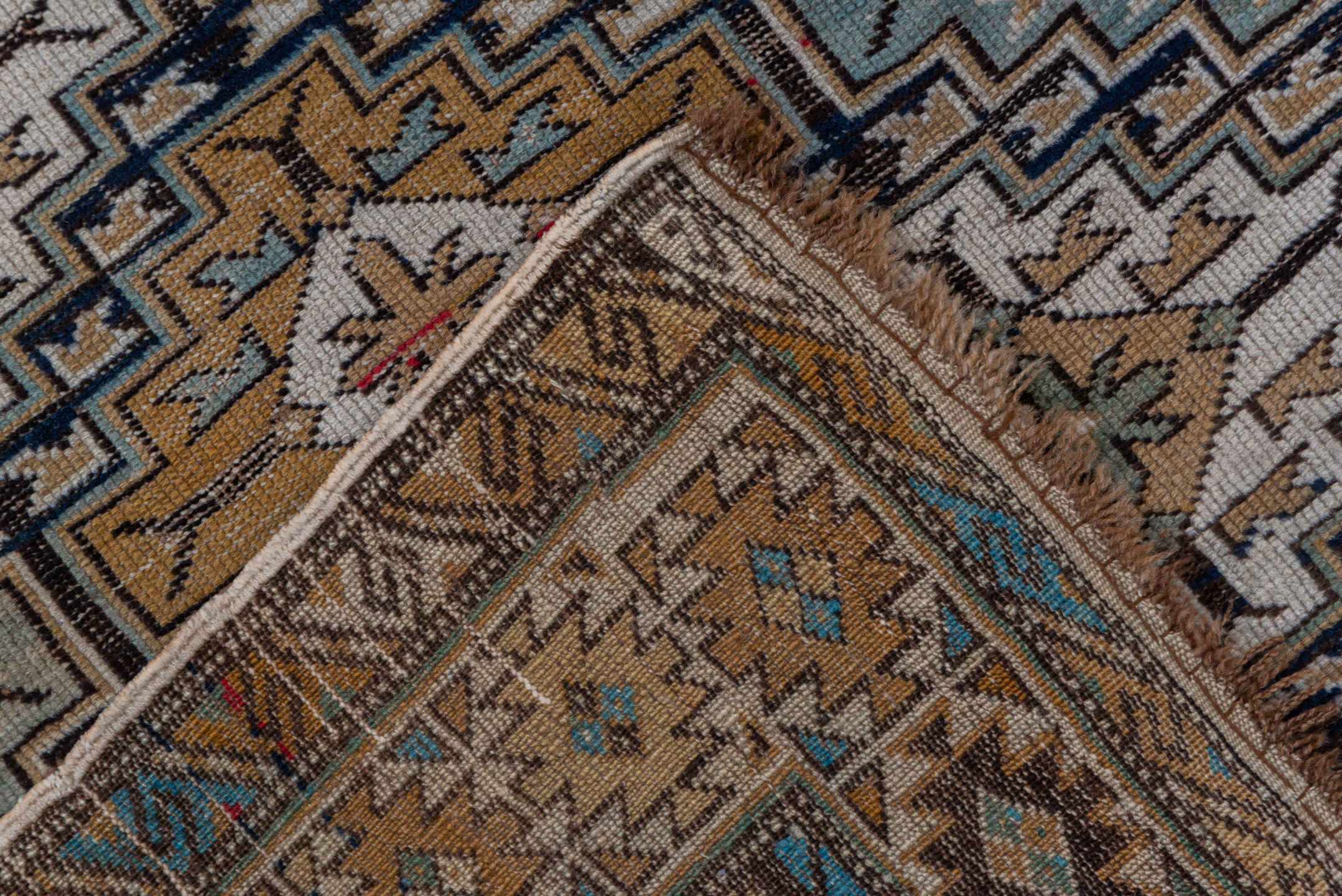 3' x 6' one-of-a-kind handmade vintage Shirvan small size rug. Color palette: taupe, camel, ivory, sky blue, crimson, navy