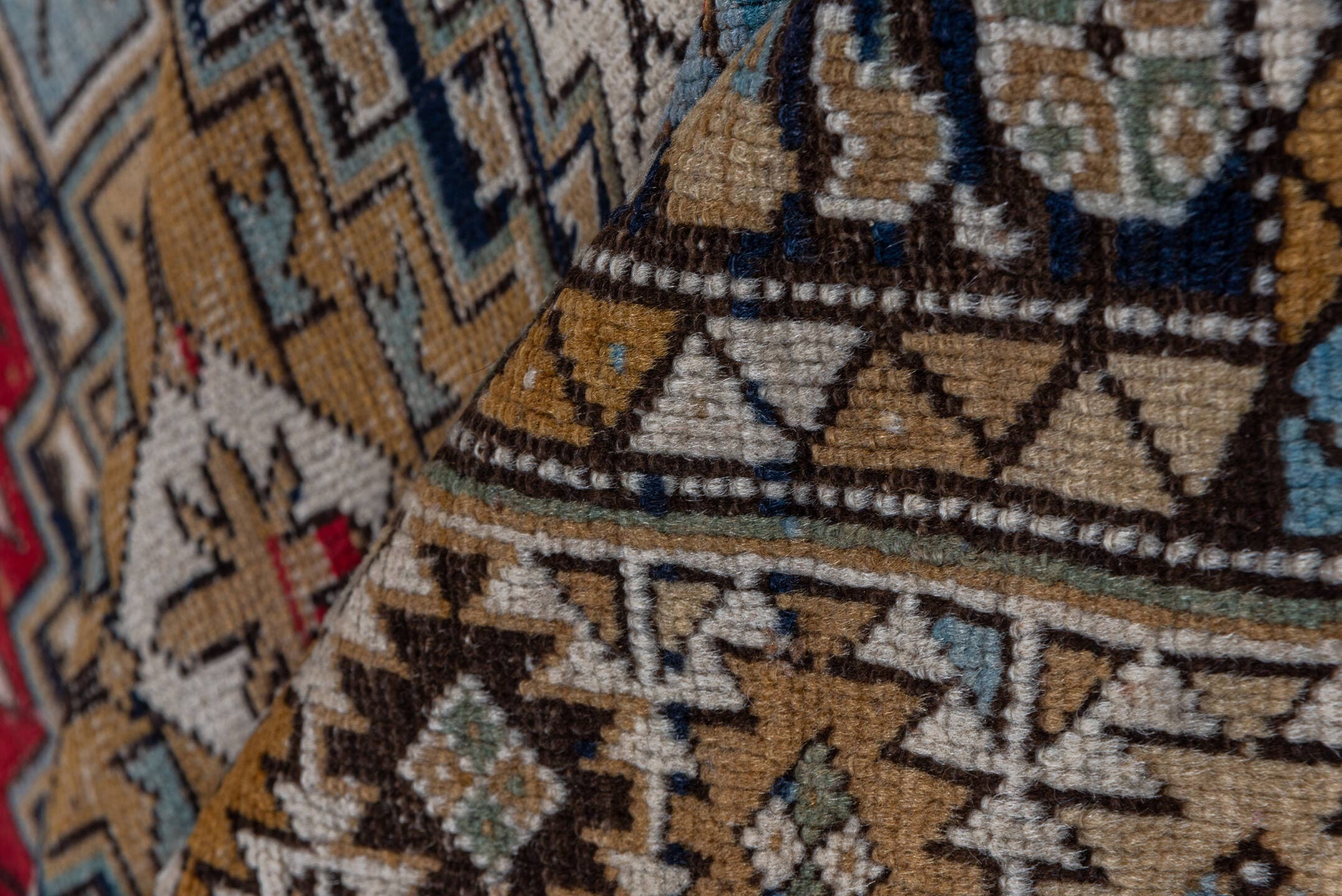 3' x 6' one-of-a-kind handmade vintage Shirvan small size rug. Color palette: taupe, camel, ivory, sky blue, crimson, navy