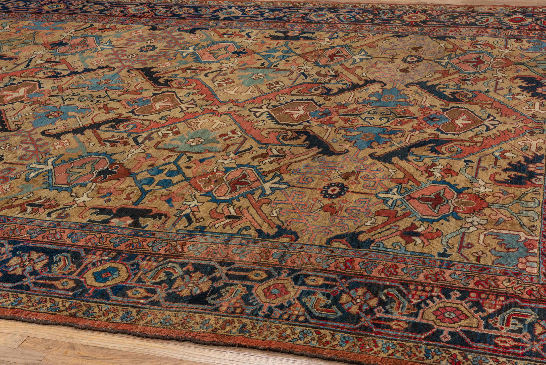 11' x 13' one-of-a-kind handmade vintage Heriz oversize rug. Color palette: blue, brown, dim gray, gray, maroon, red