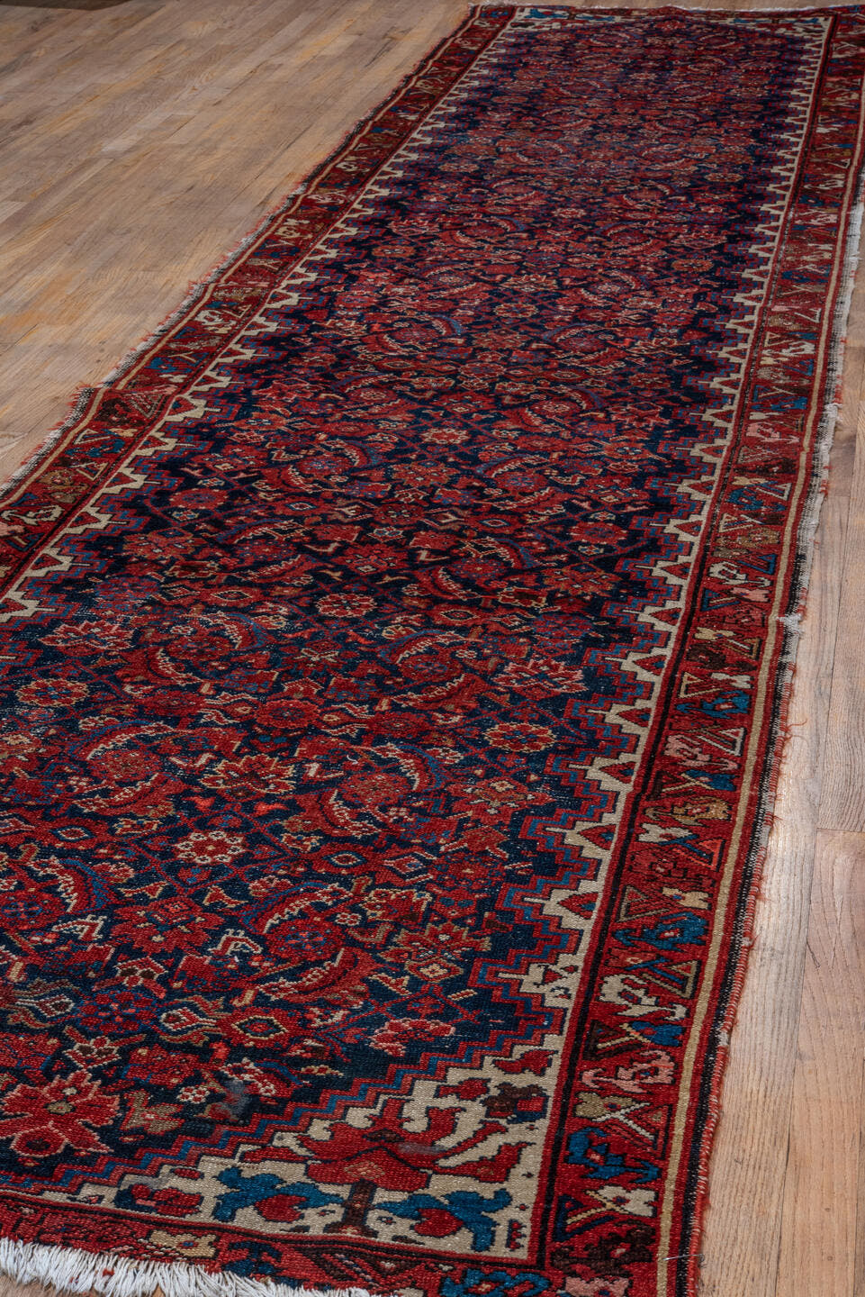 3' x 16' one-of-a-kind handmade vintage Malayer runner rug. Color palette: navy, rust, ivory, crimson, sky_blue, camel, blue