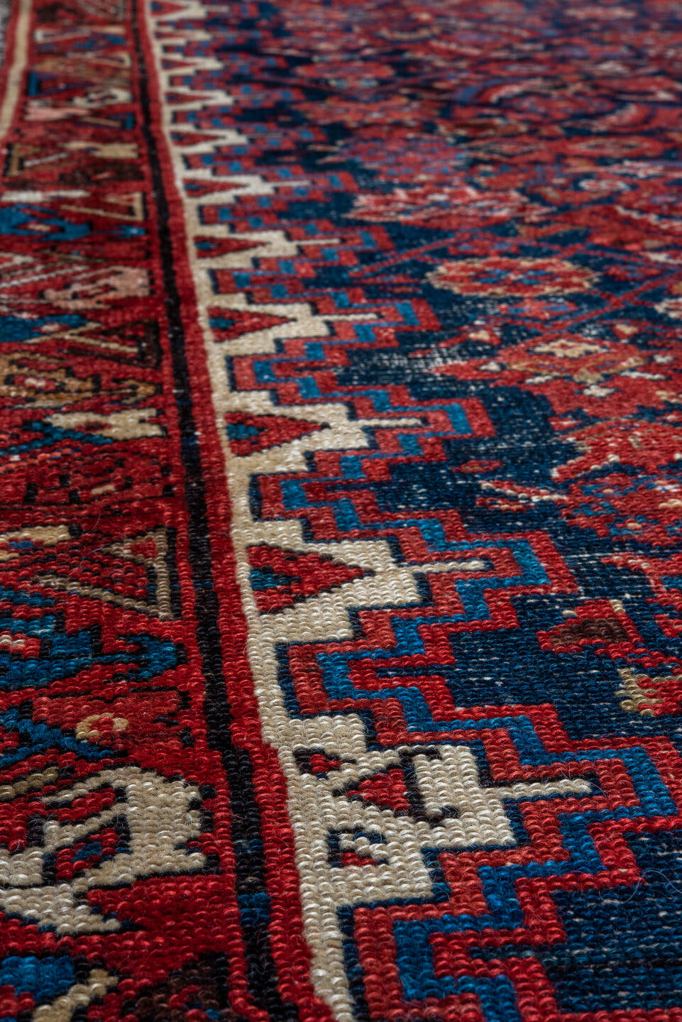 3' x 16' one-of-a-kind handmade vintage Malayer runner rug. Color palette: navy, rust, ivory, crimson, sky_blue, camel, blue