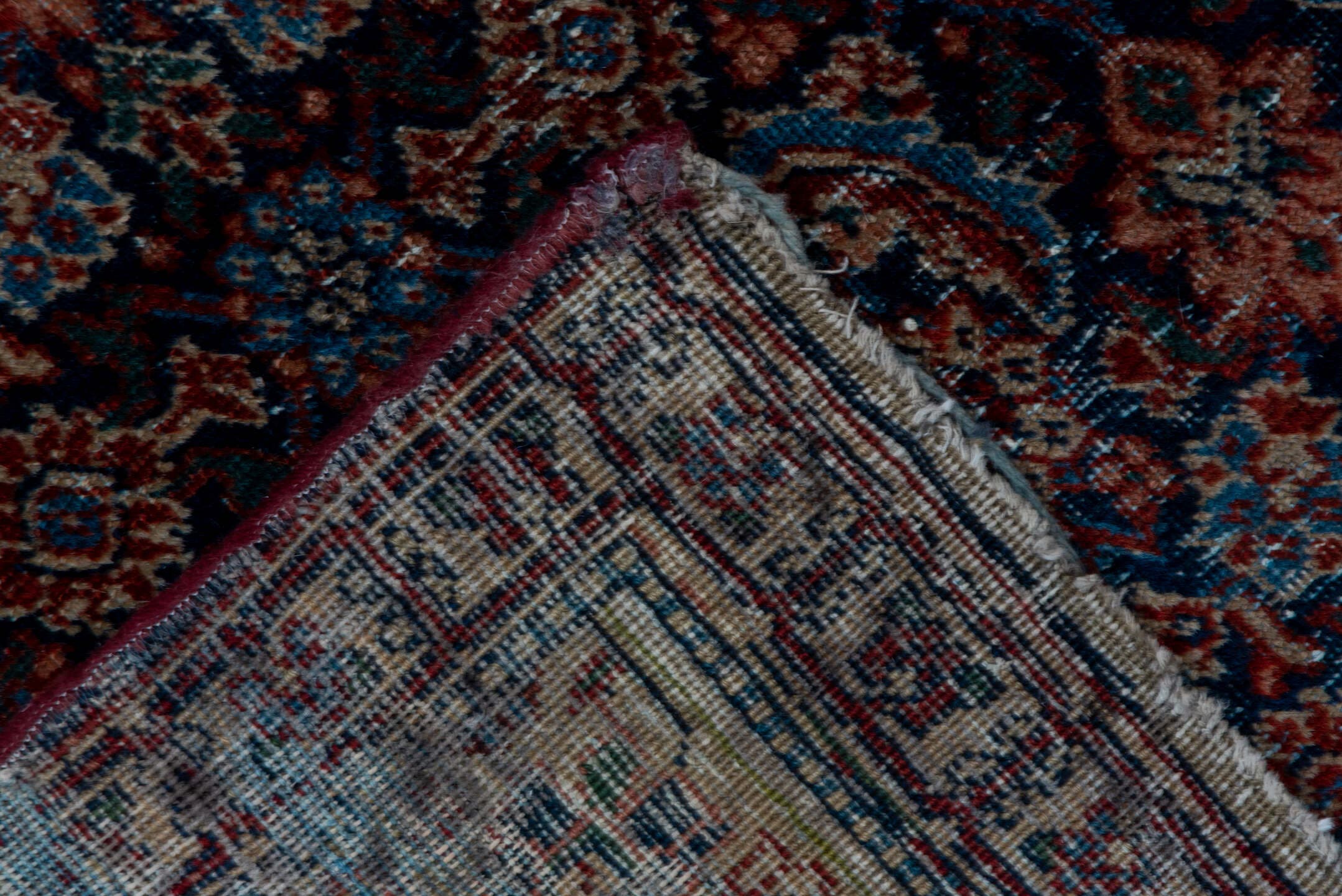4' x 6' one-of-a-kind handmade vintage Malayer rug. Color palette: navy, ivory, rust, rose, burgundy, slate, camel, blue