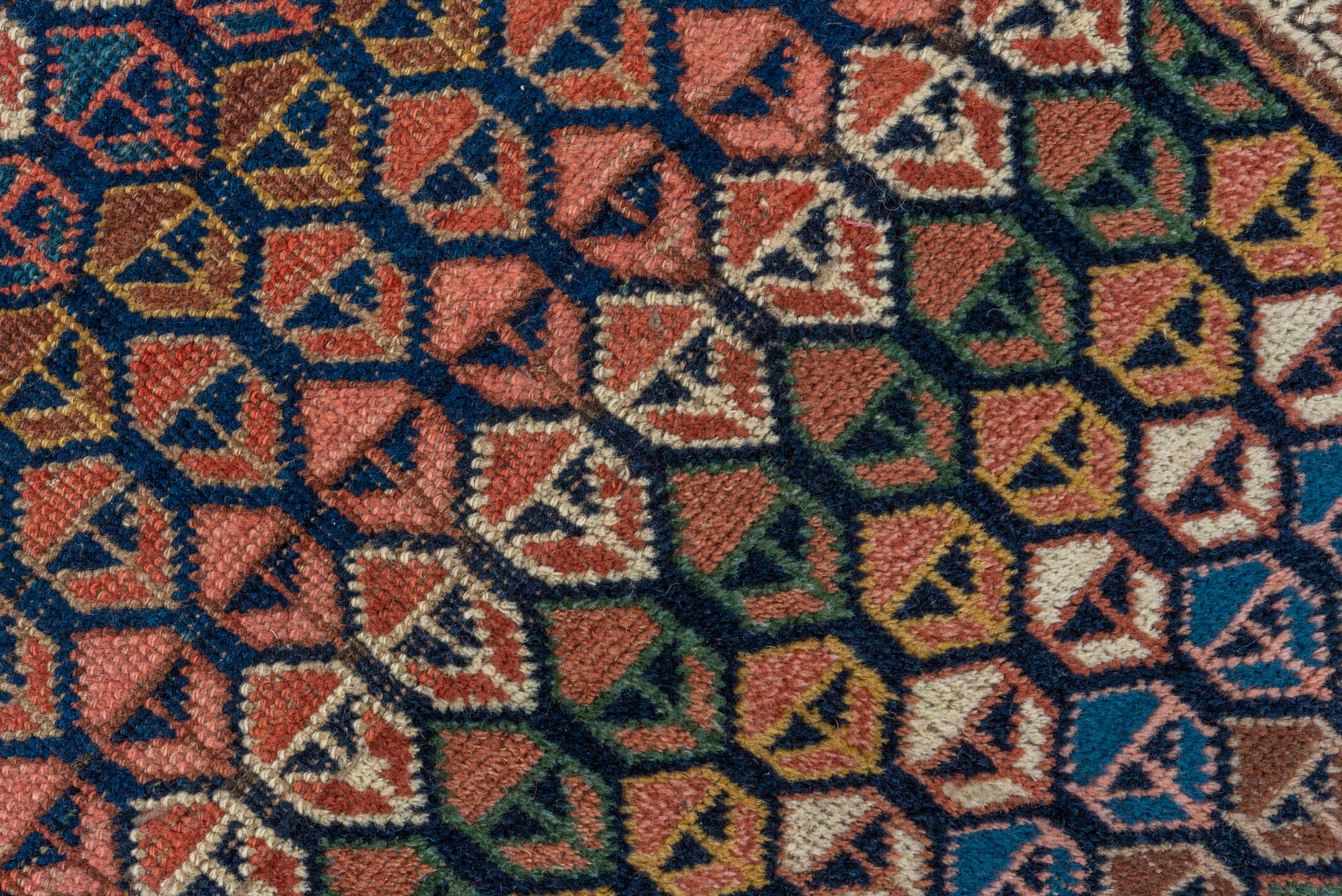 3' x 14' one-of-a-kind handmade antique Bidjar runner rug. Color palette: rust, brown, indigo, ivory, camel, navy